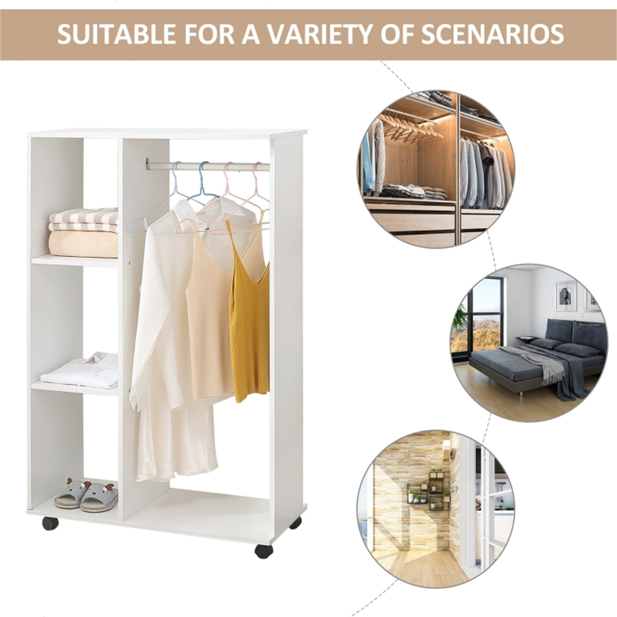 White Rolling Wardrobe with Hanging Rail, 3 Shelves and Lockable Wheels