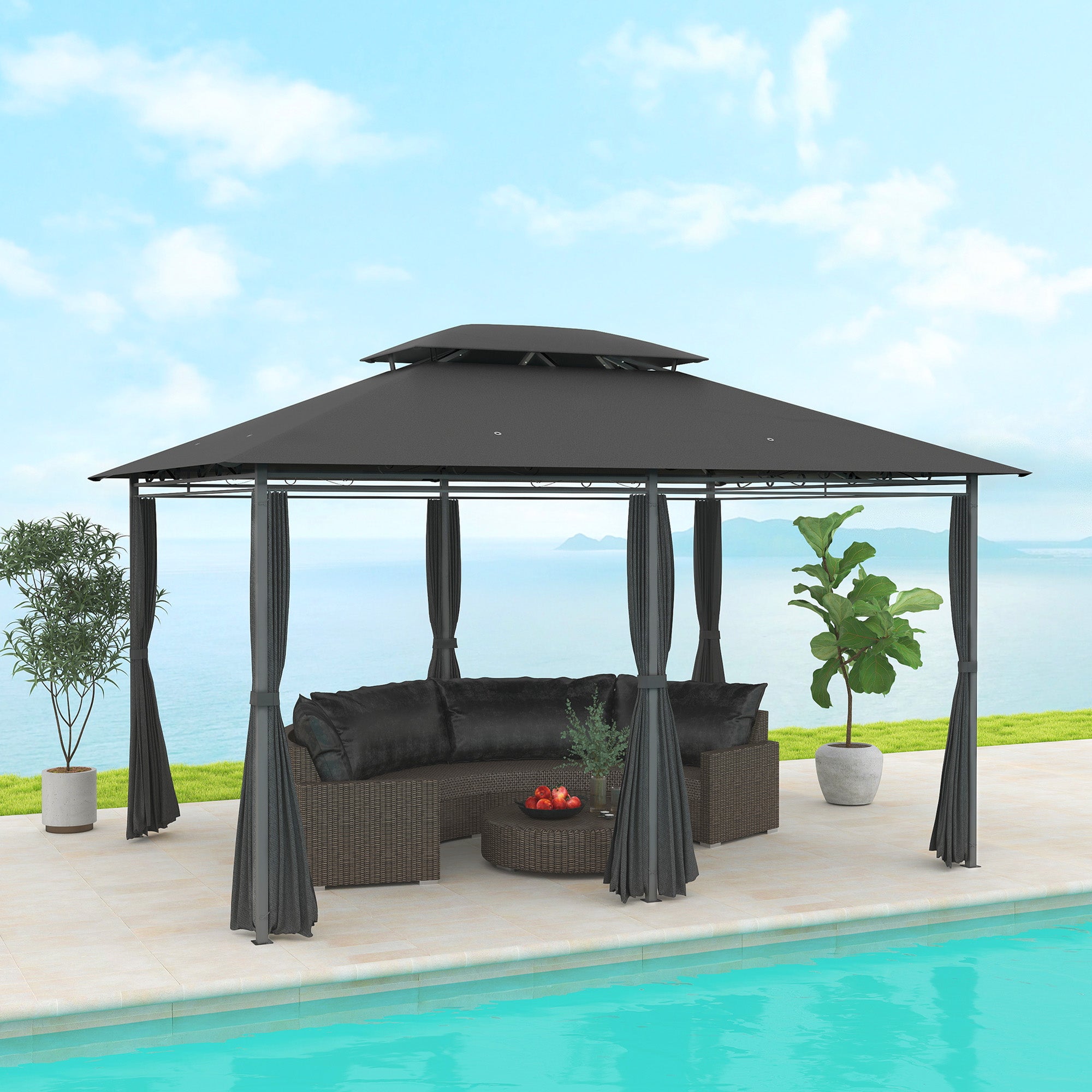 Outsunny 3x4m Outdoor Gazebo with Curtains, Two-Tier Roof
