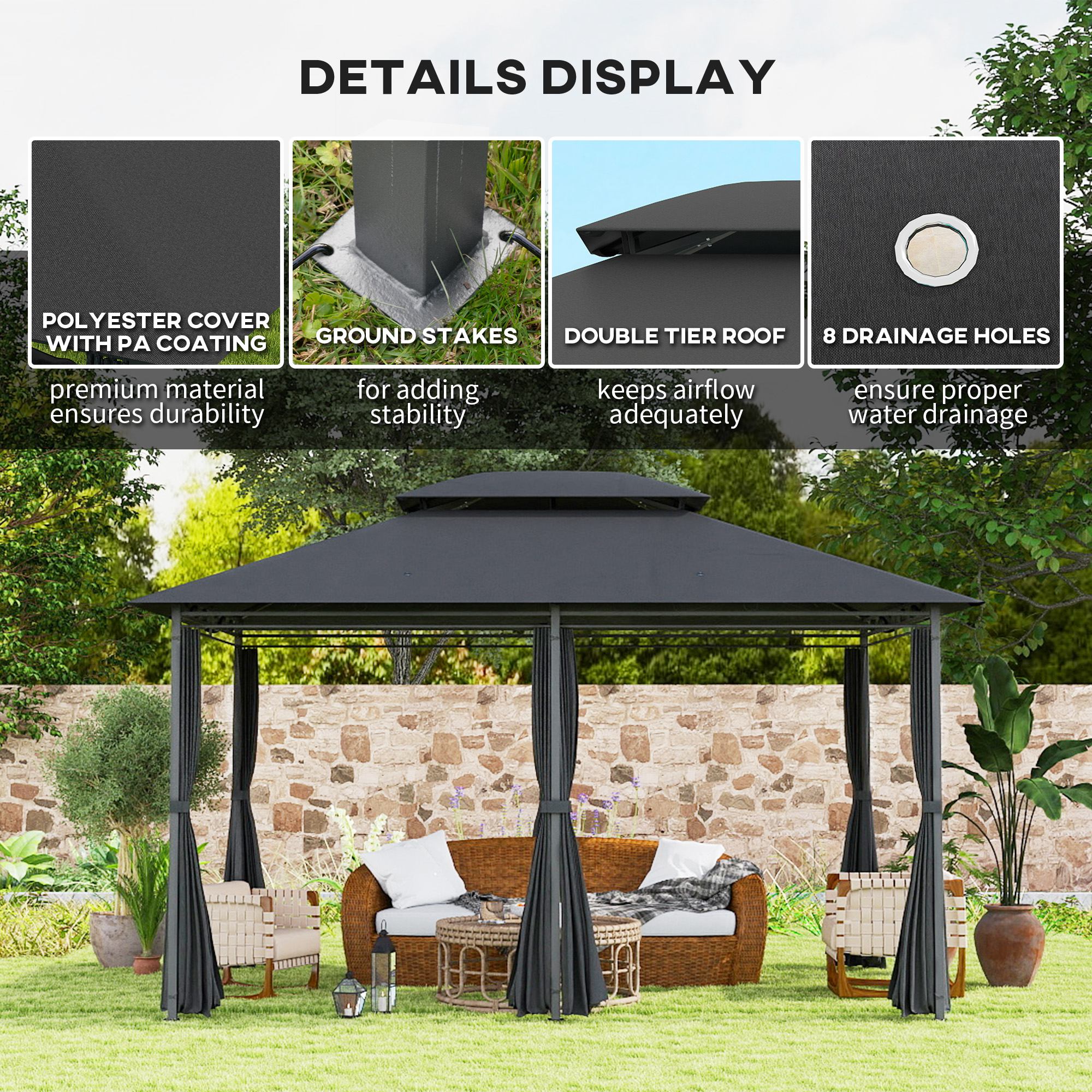 Outsunny 3x4m Outdoor Gazebo with Curtains, Two-Tier Roof