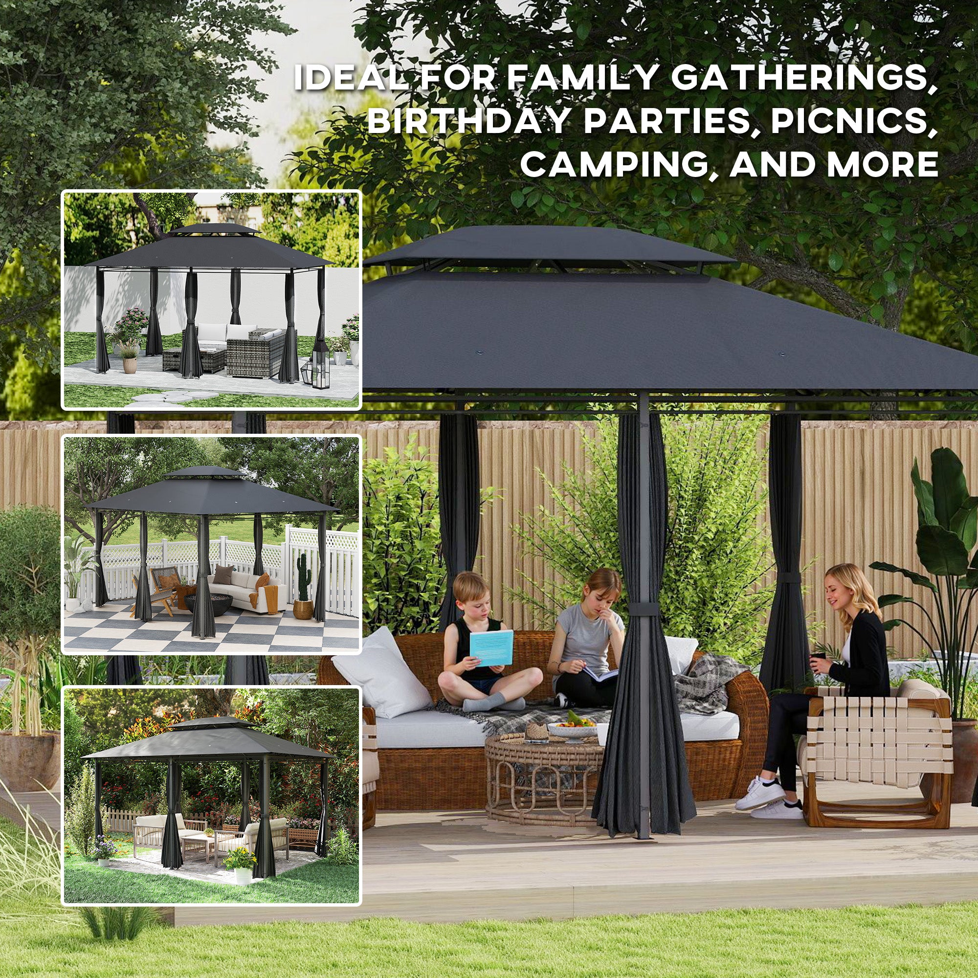 Outsunny 3x4m Outdoor Gazebo with Curtains, Two-Tier Roof