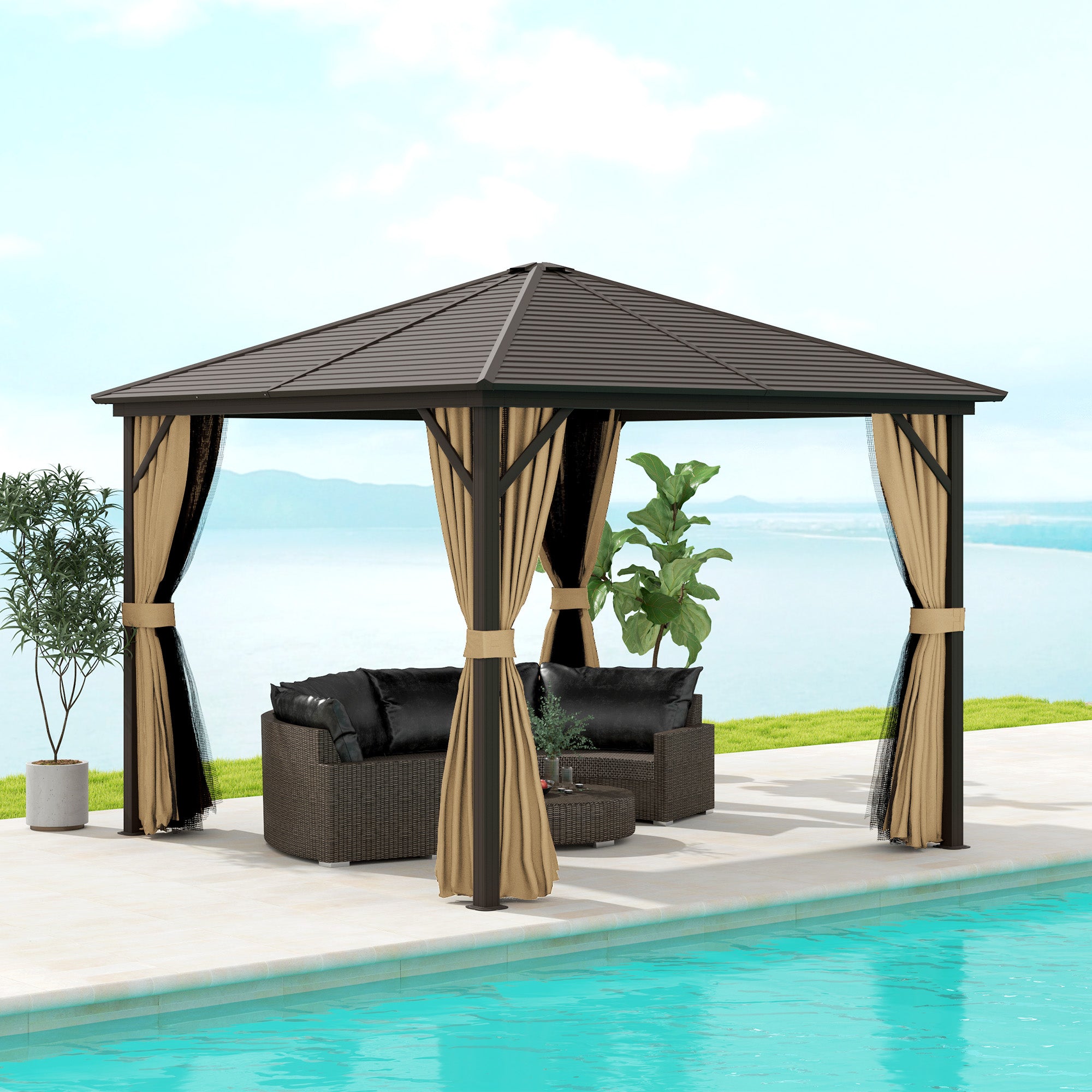 Outsunny 3x3m Hardtop Gazebo with Aluminium Frame, Curtains & Netting