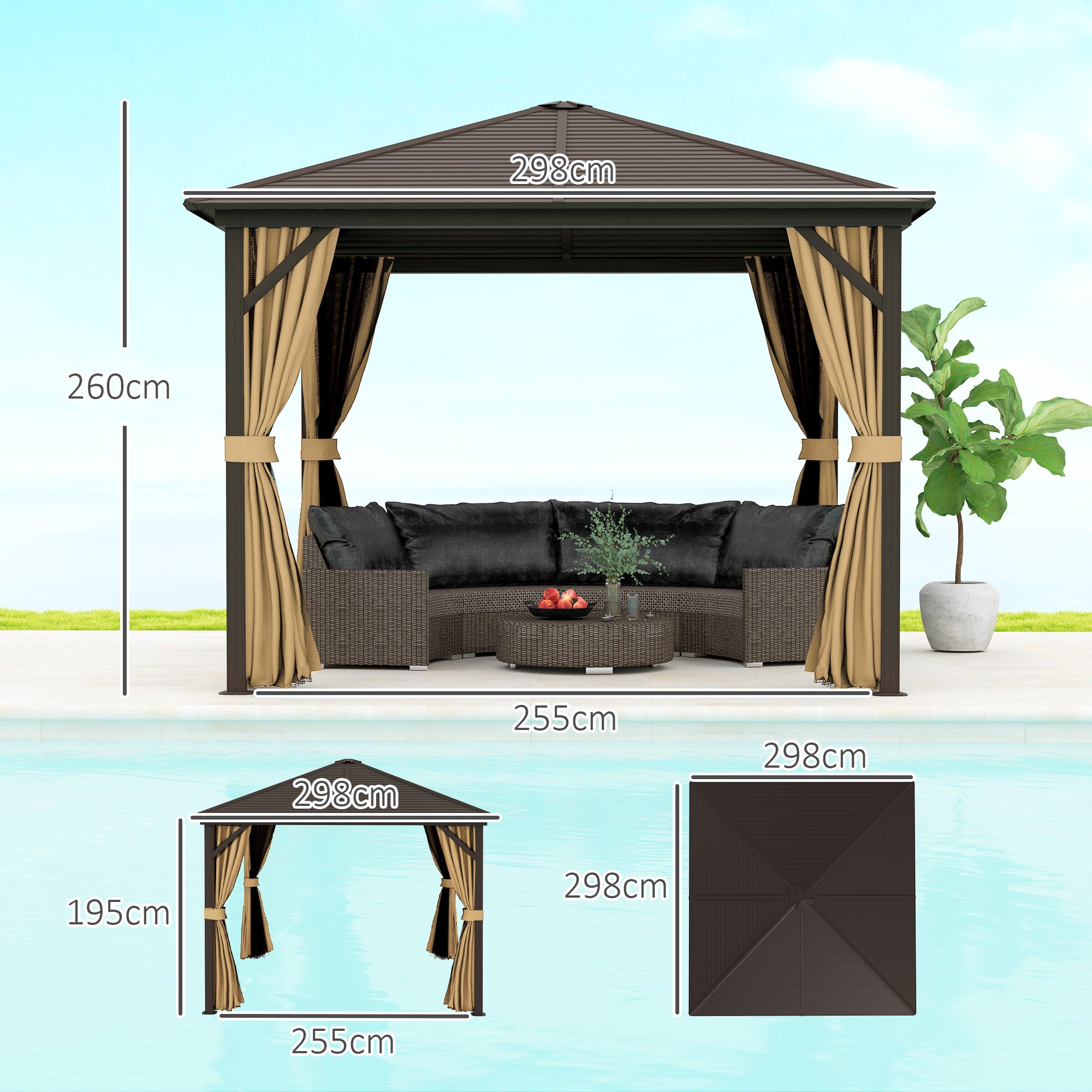 Outsunny 3x3m Hardtop Gazebo with Aluminium Frame, Curtains & Netting