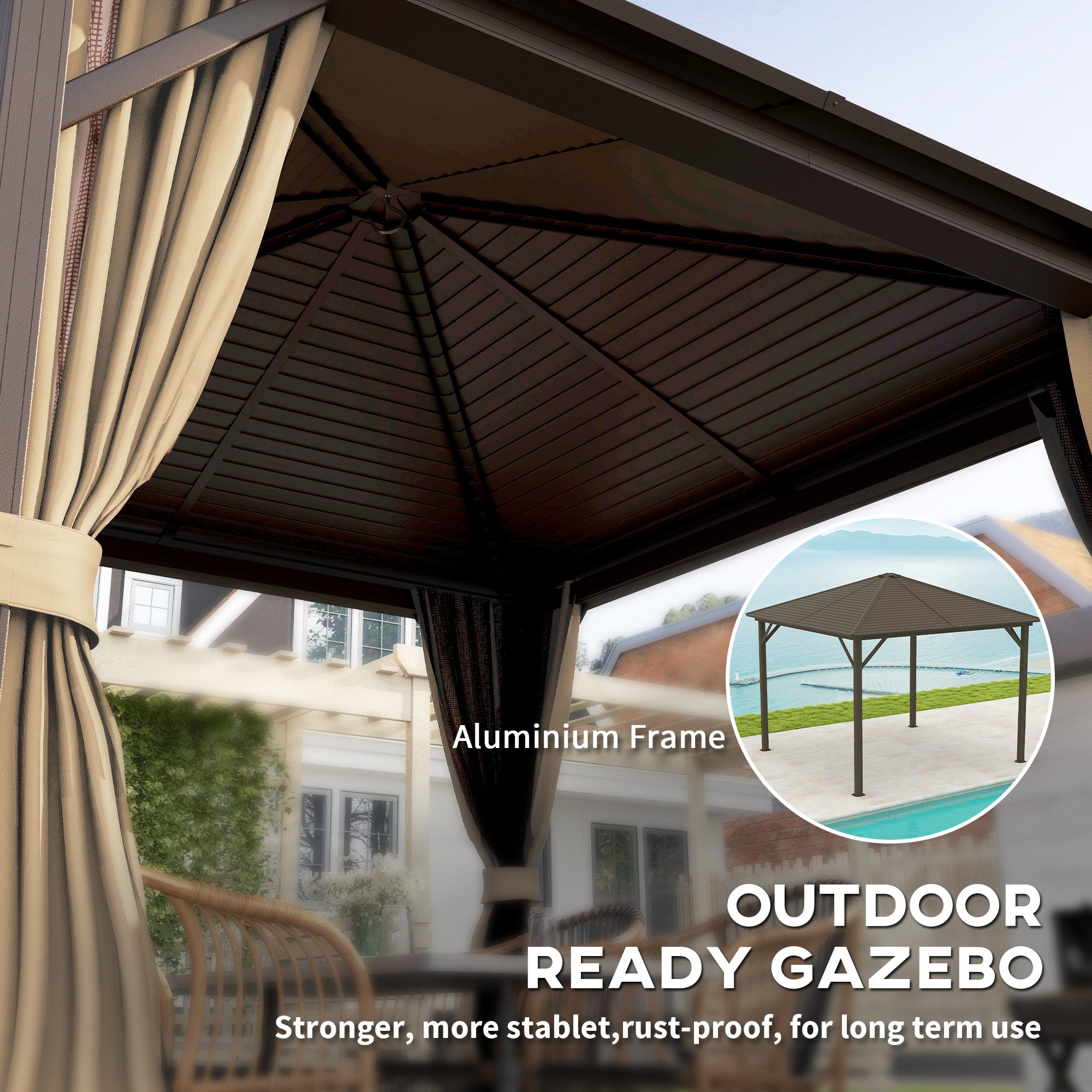 Outsunny 3x3m Hardtop Gazebo with Aluminium Frame, Curtains & Netting