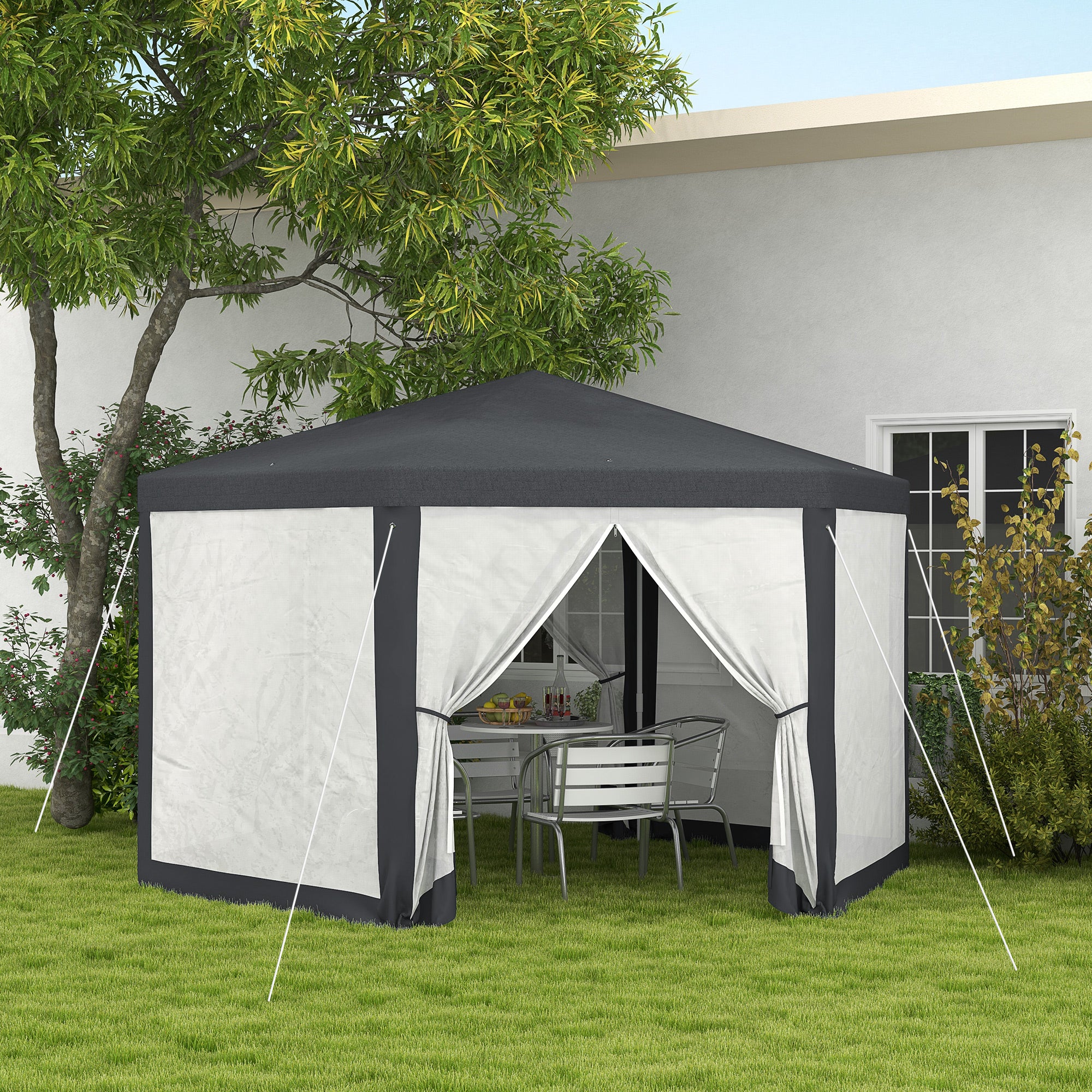 Outsunny Hexagonal Outdoor Gazebo with Netting Walls, Dark Grey