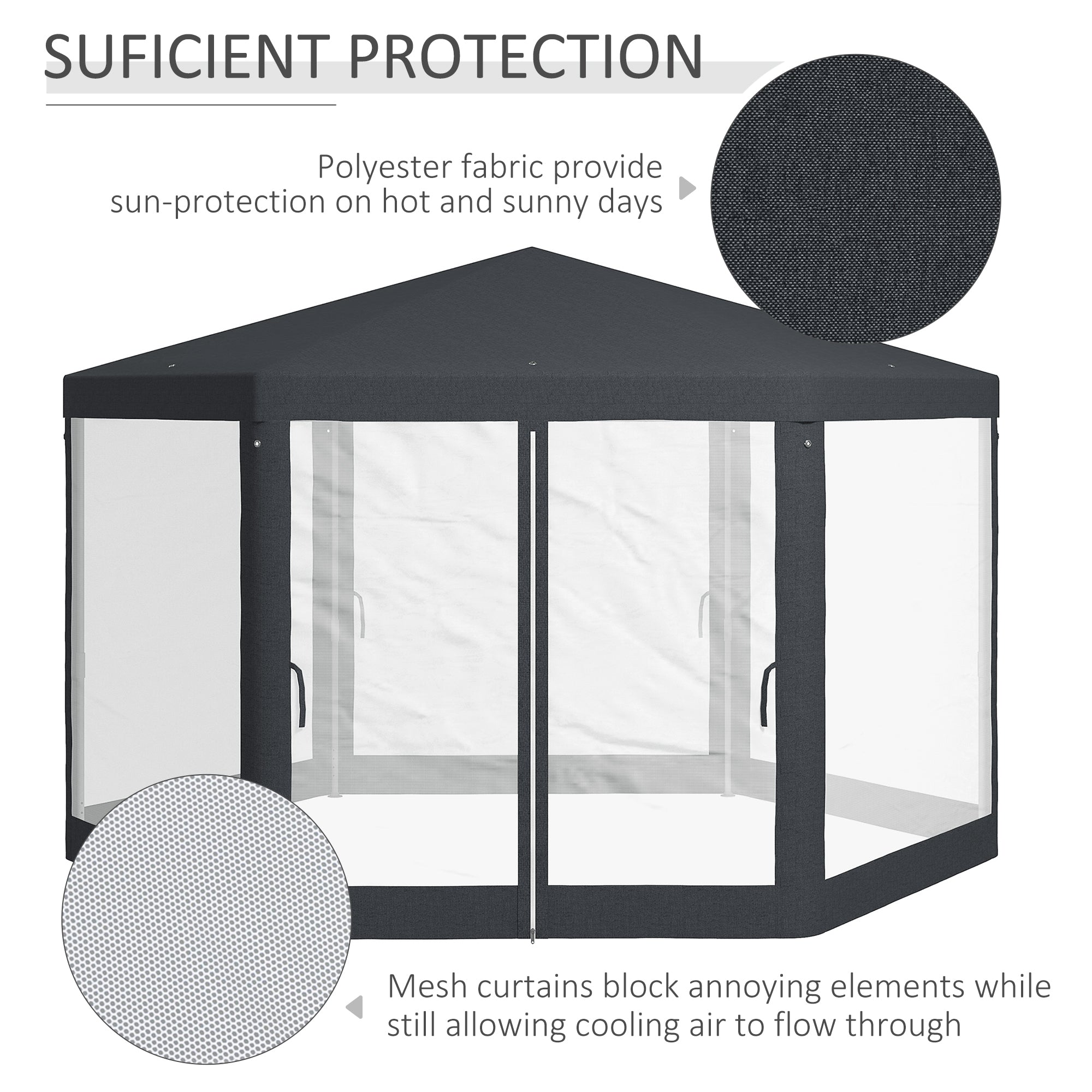 Outsunny Hexagonal Outdoor Gazebo with Netting Walls, Dark Grey