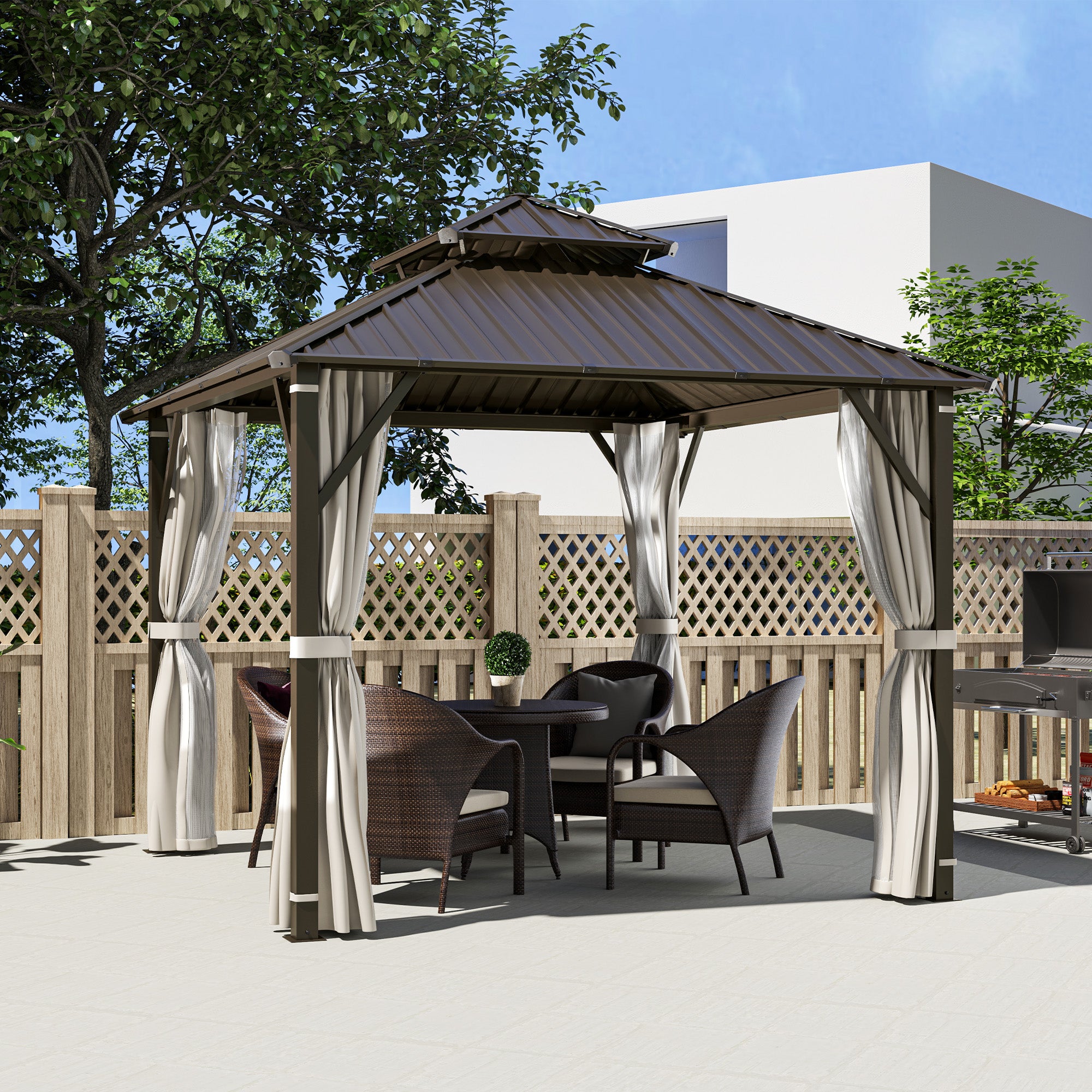 Outsunny 3x3m Hardtop Gazebo with Metal Roof, Curtains and Netting