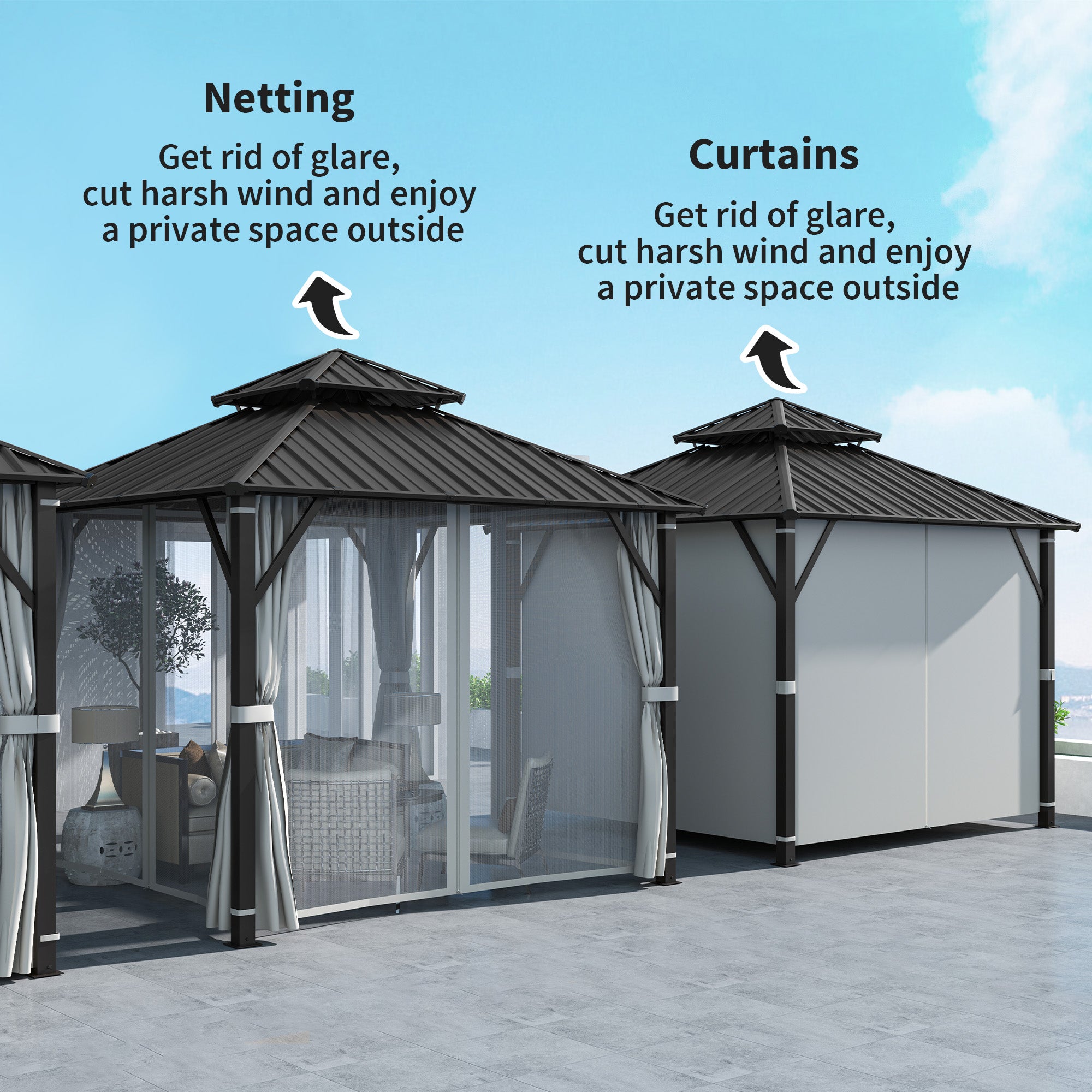 Outsunny 3x3m Hardtop Gazebo with Metal Roof, Curtains and Netting