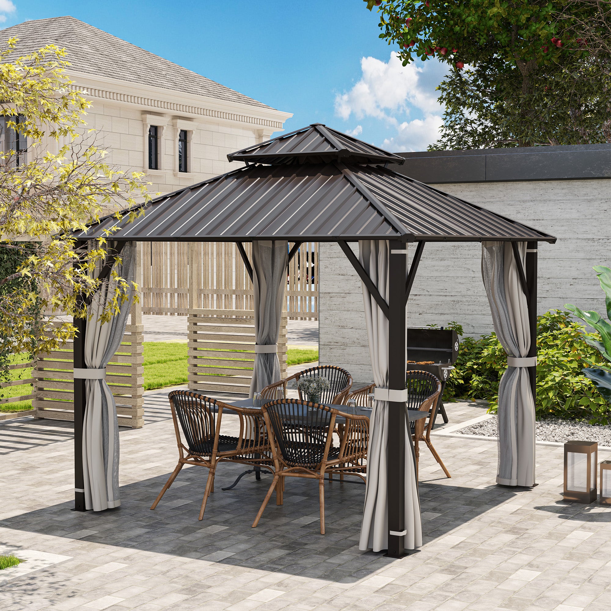 Outsunny 3x3m Hardtop Gazebo with Metal Roof, Curtains and Netting