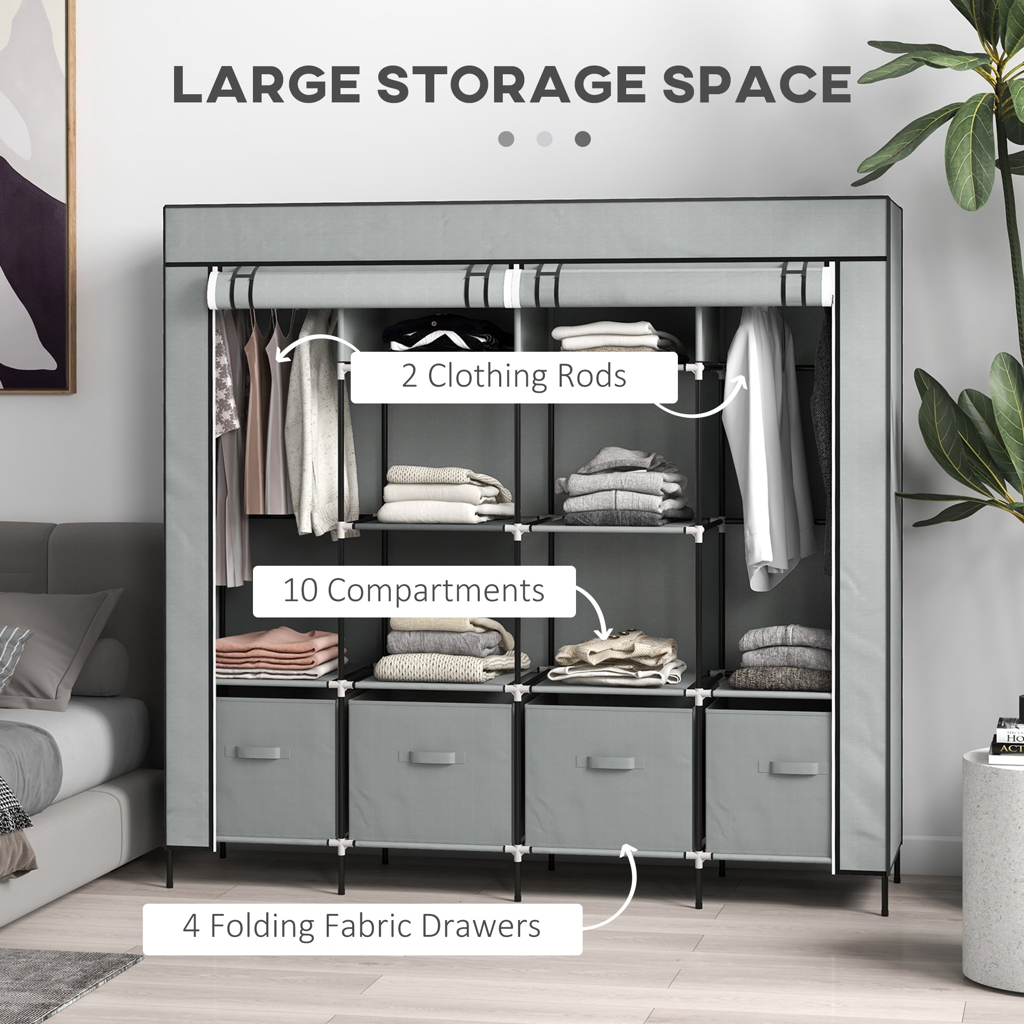 HOMCOM Fabric Wardrobe Closet with 10 Compartments, 2 Hanging Rails