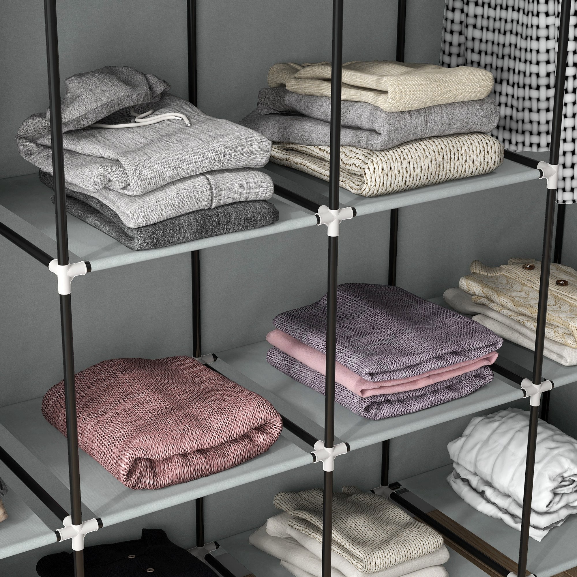 HOMCOM Fabric Wardrobe Closet with 10 Compartments, 2 Hanging Rails