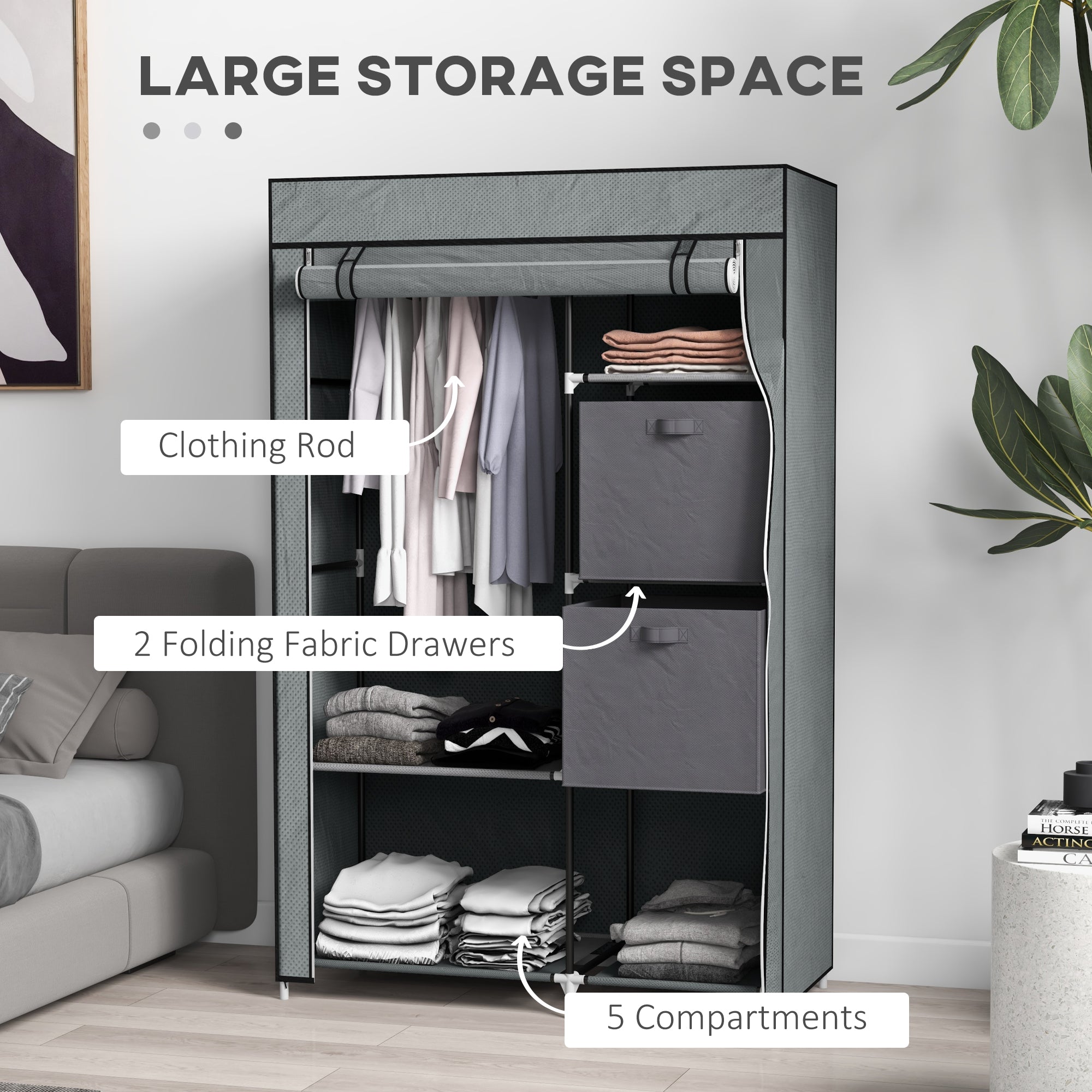 HOMCOM Portable Fabric Wardrobe with Drawers & Hanging Rail, Dark Grey