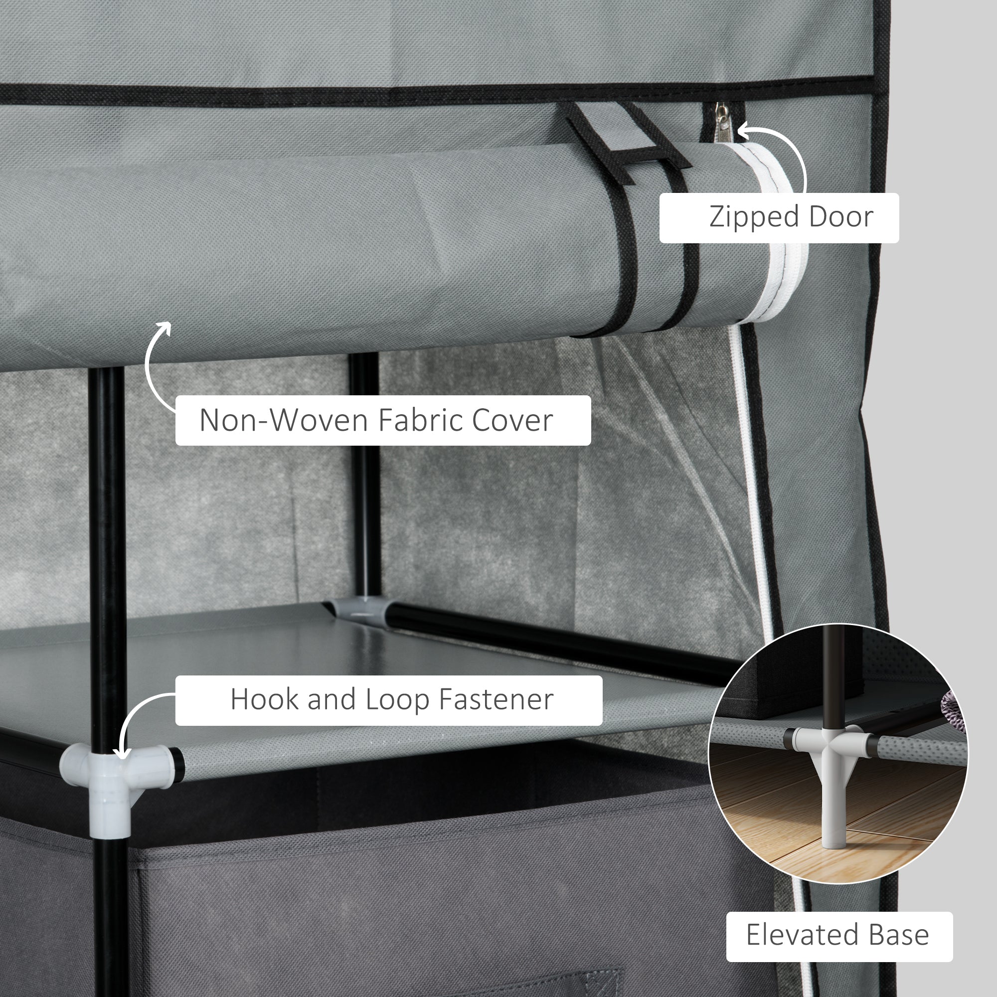HOMCOM Portable Fabric Wardrobe with Drawers & Hanging Rail, Dark Grey