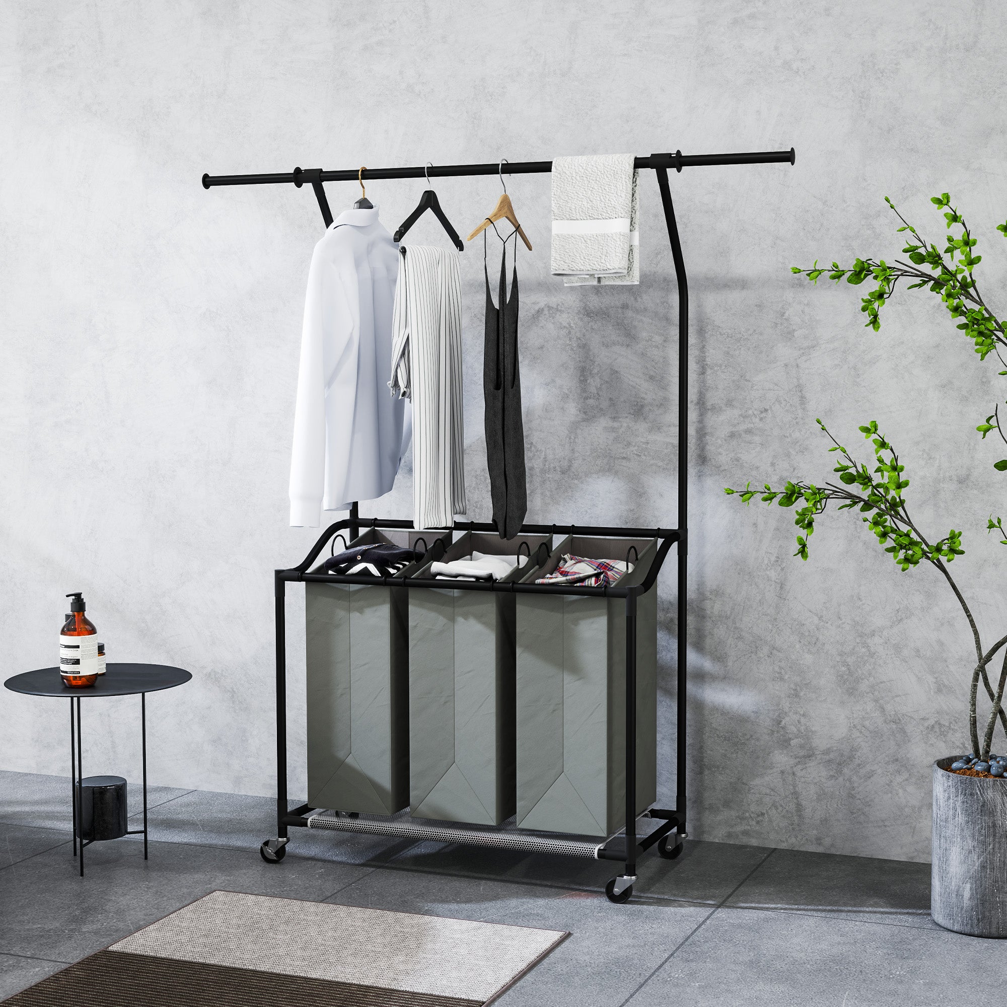 HOMCOM 126L Laundry Sorter with 3-Bag Organiser & Hanging Rail, Dark Grey