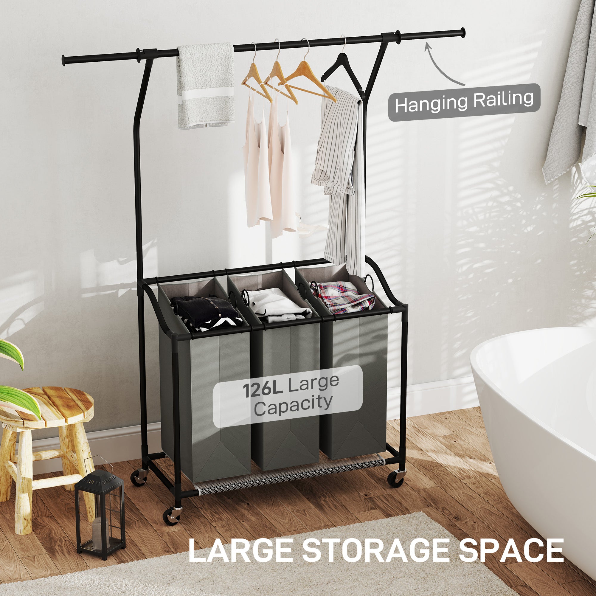 HOMCOM 126L Laundry Sorter with 3-Bag Organiser & Hanging Rail, Dark Grey