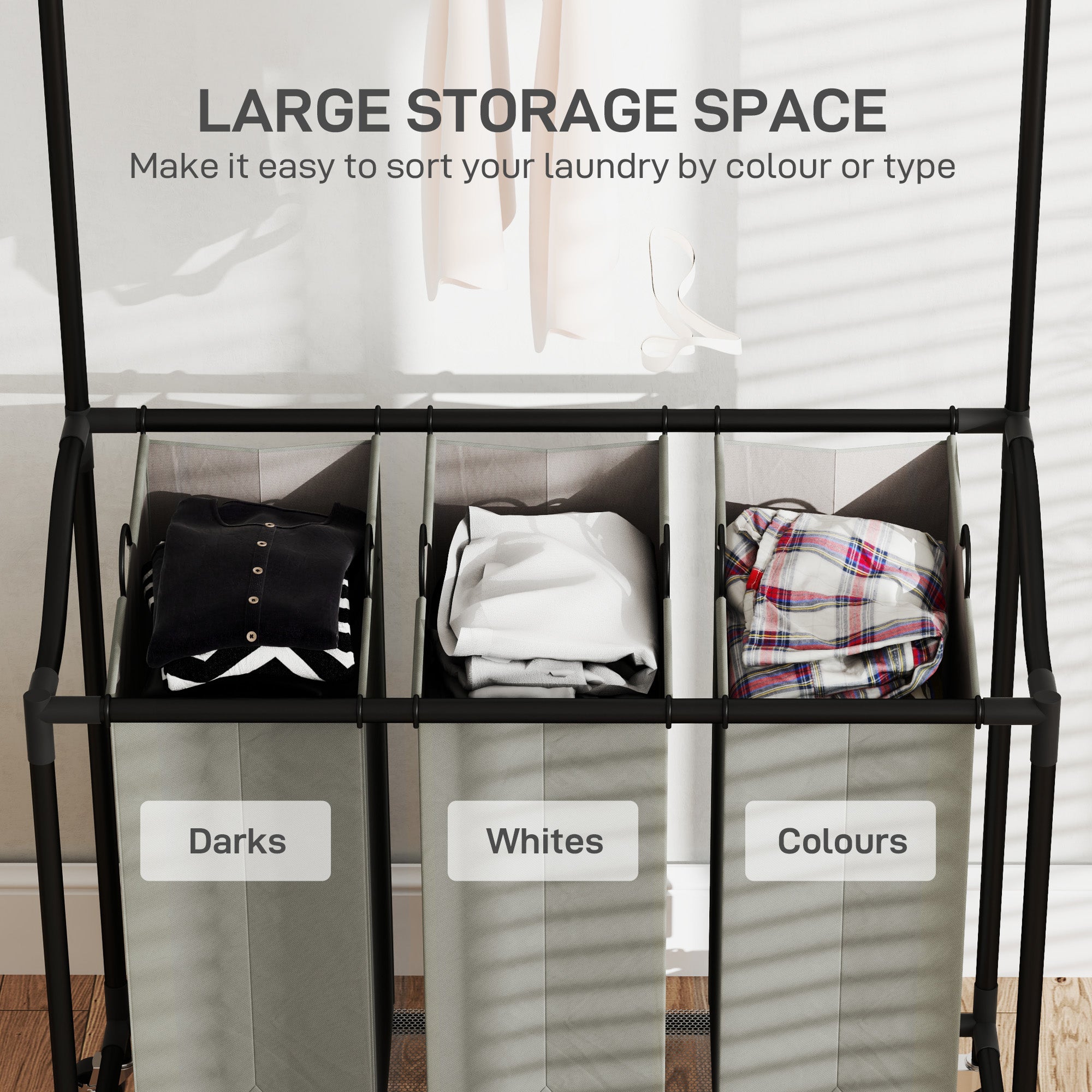 HOMCOM 126L Laundry Sorter with 3-Bag Organiser & Hanging Rail, Dark Grey