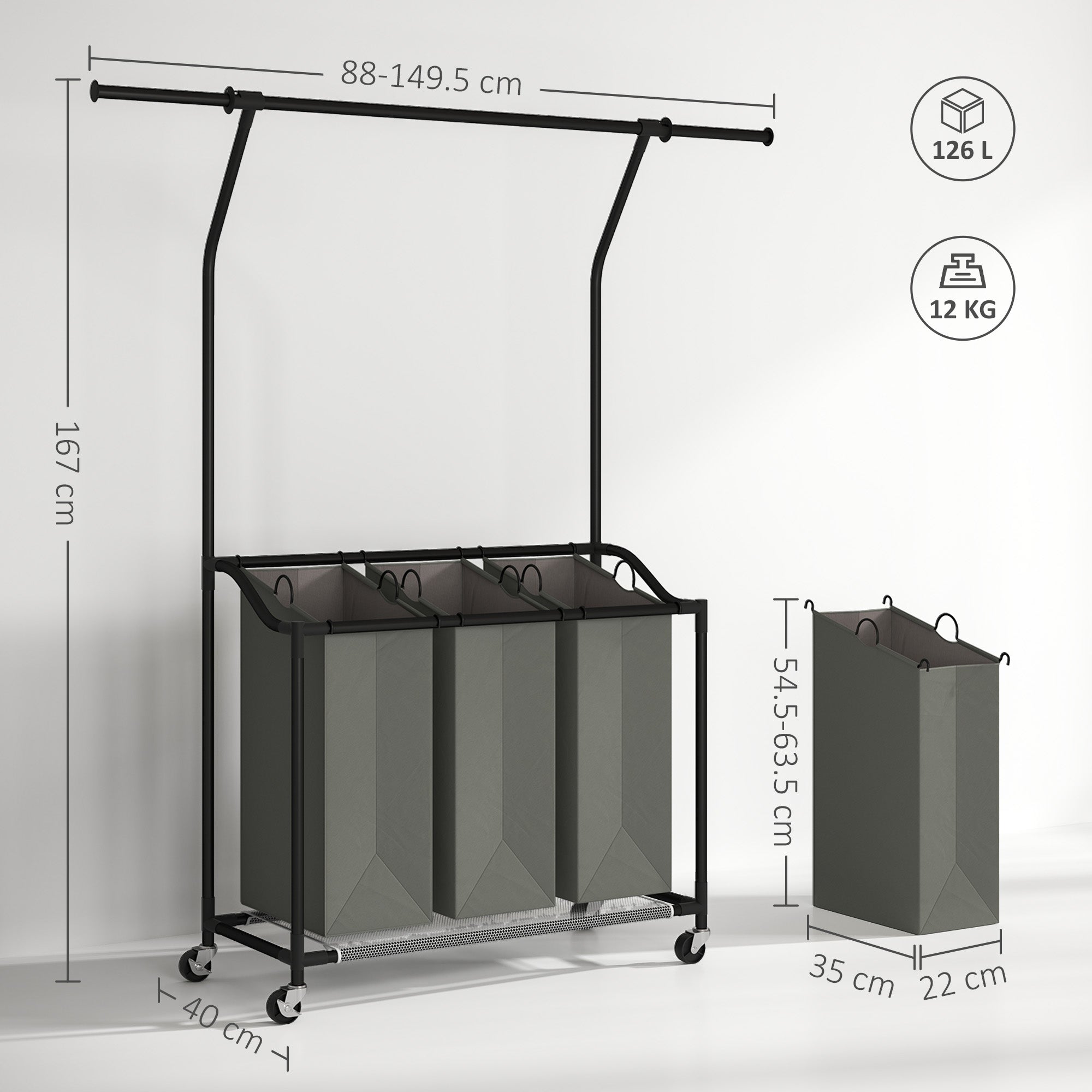 HOMCOM 126L Laundry Sorter with 3-Bag Organiser & Hanging Rail, Dark Grey