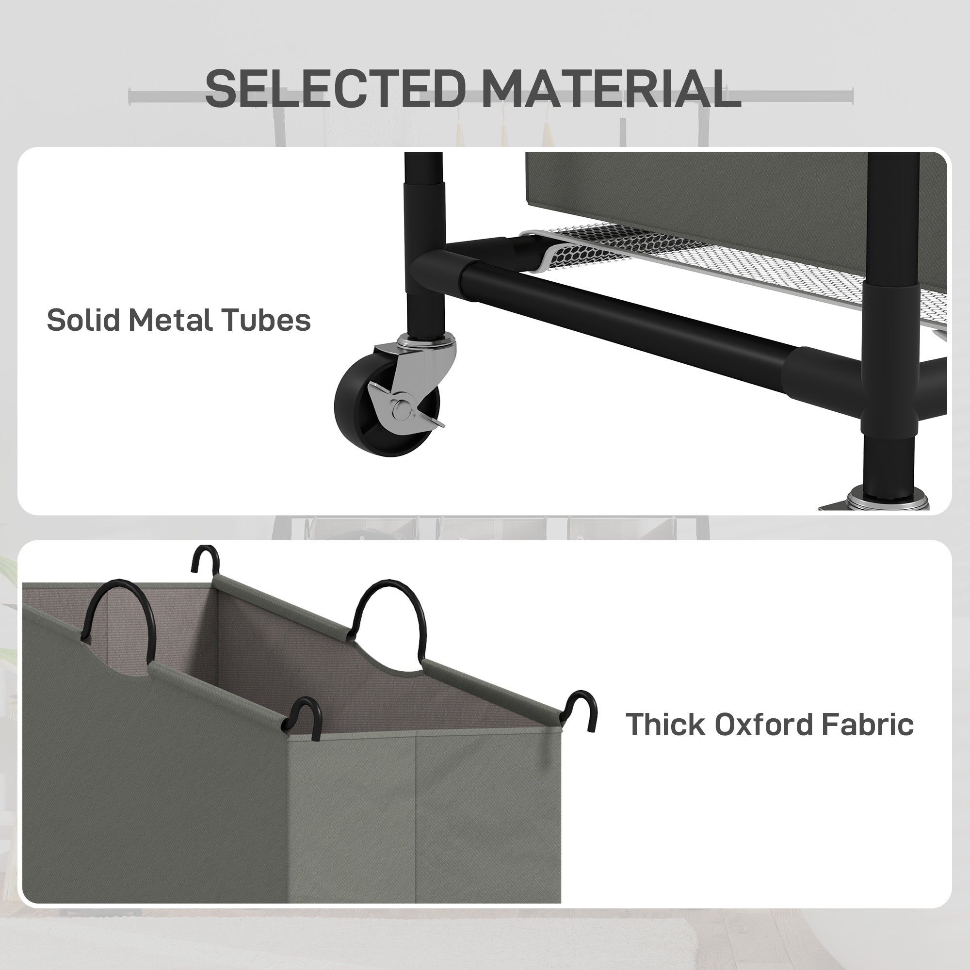 HOMCOM 126L Laundry Sorter with 3-Bag Organiser & Hanging Rail, Dark Grey
