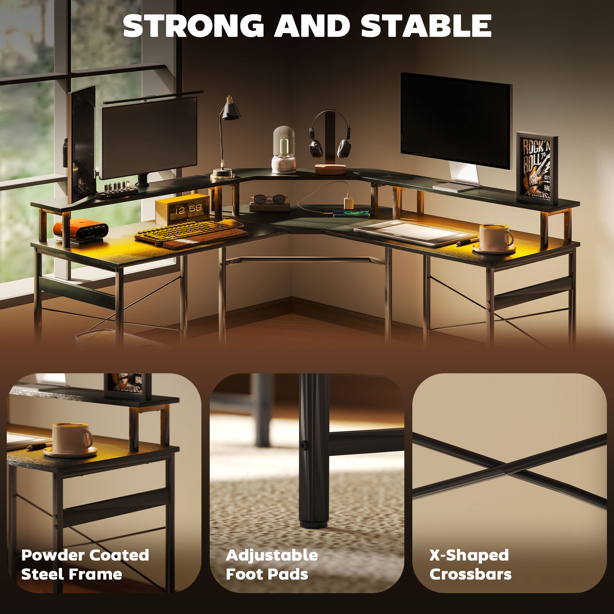 HOMCOM L-Shaped Corner Computer Desk with Monitor Stand, Black