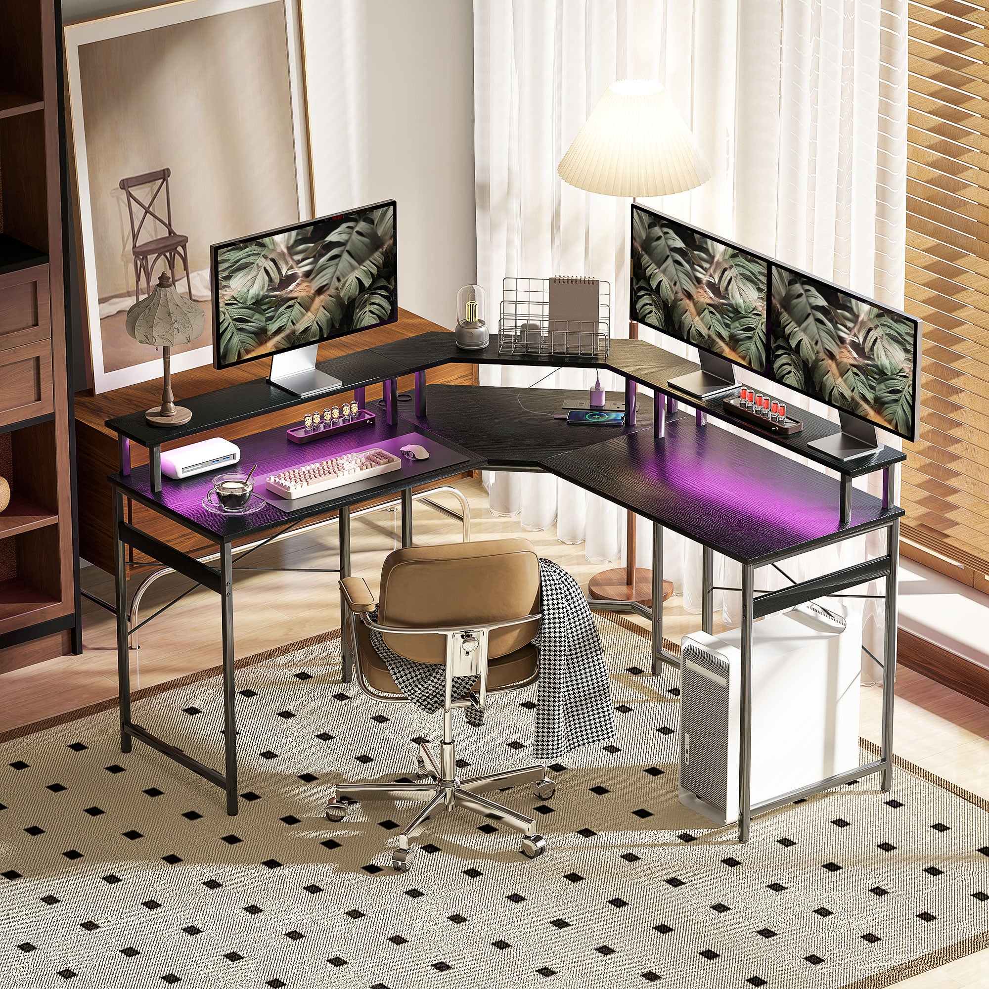 HOMCOM L-Shaped Corner Computer Desk with Monitor Stand, Black