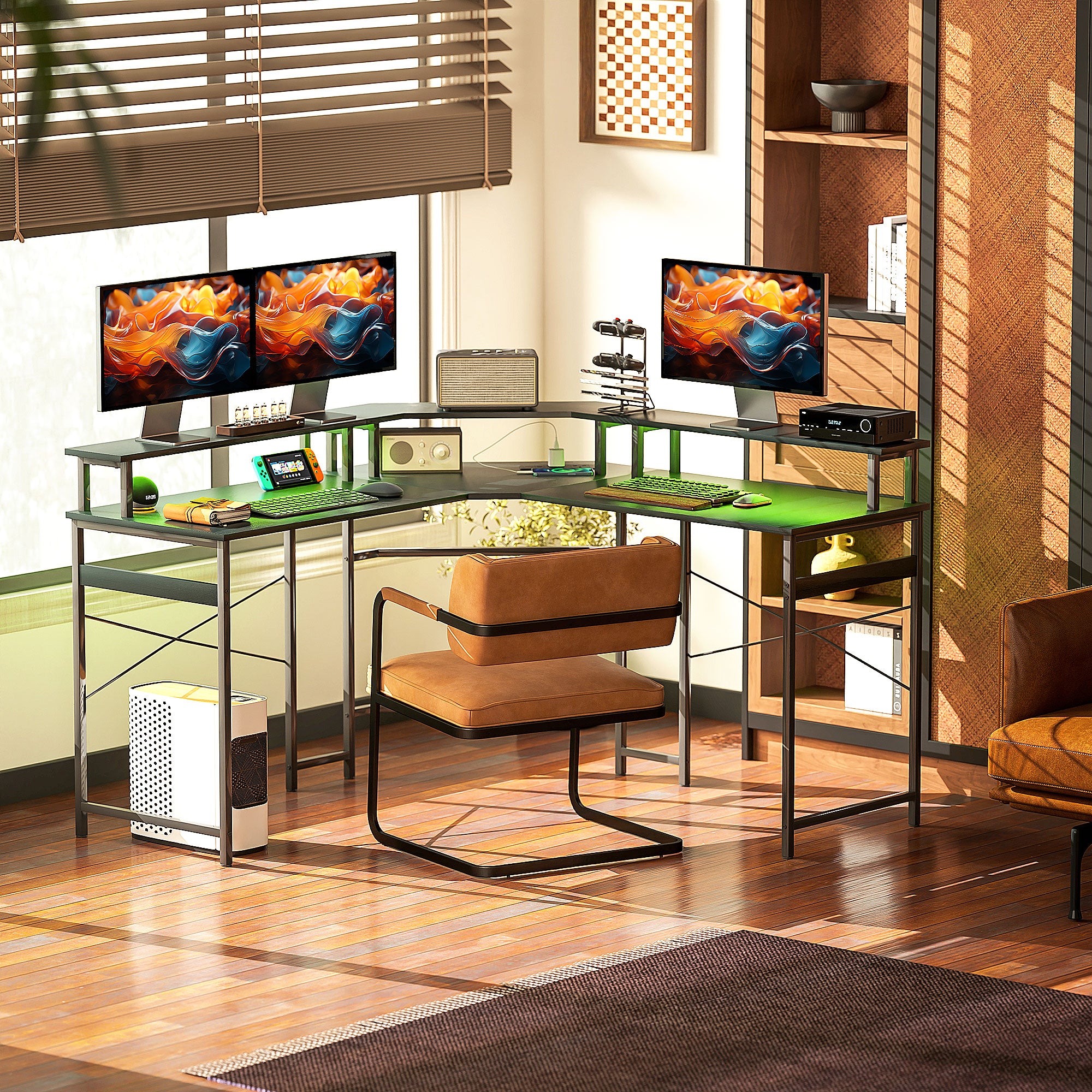 HOMCOM L-Shaped Corner Computer Desk with Monitor Stand, Black