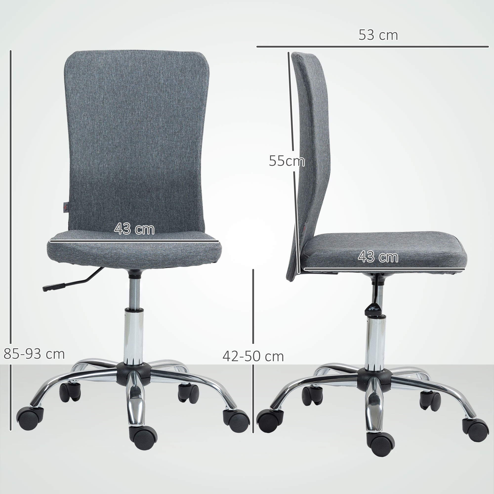 HOMCOM Grey Armless Adjustable Swivel Desk Chair, Linen-Feel