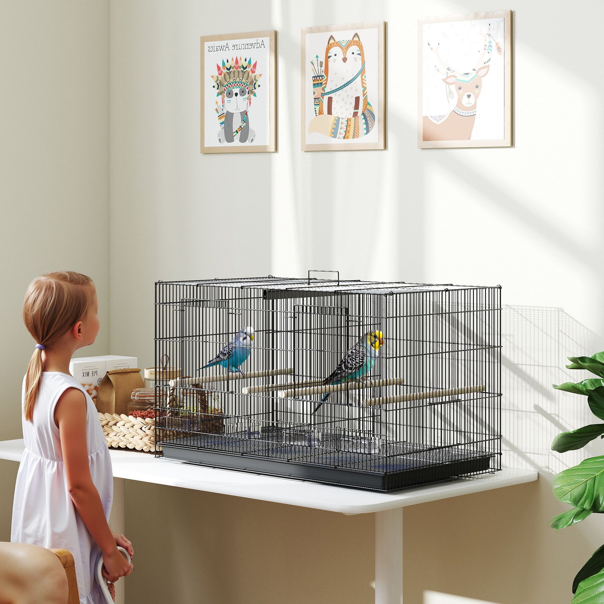 PawHut Divided Bird Cage with 4 Perches and Slide-Out Tray, Black