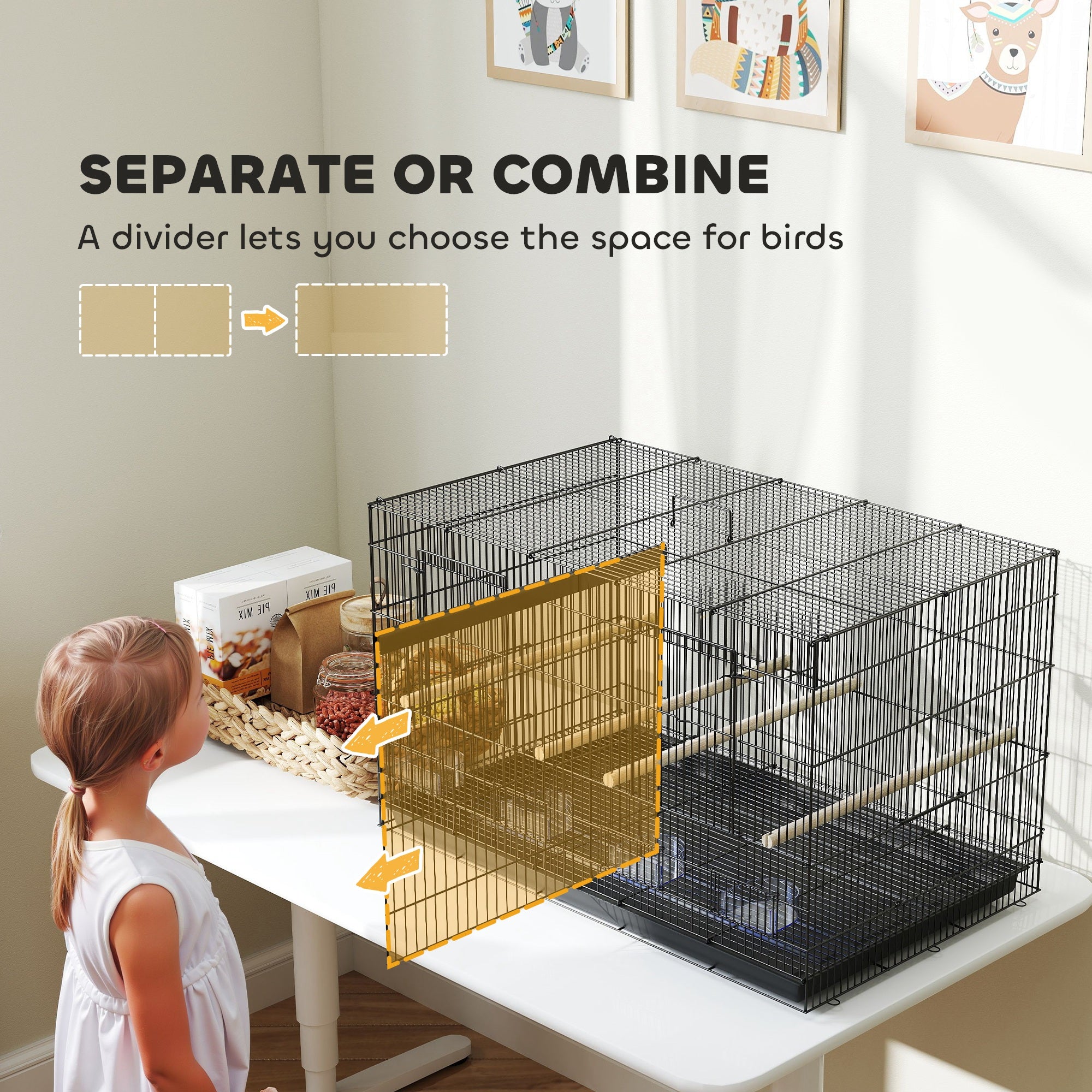PawHut Divided Bird Cage with 4 Perches and Slide-Out Tray, Black