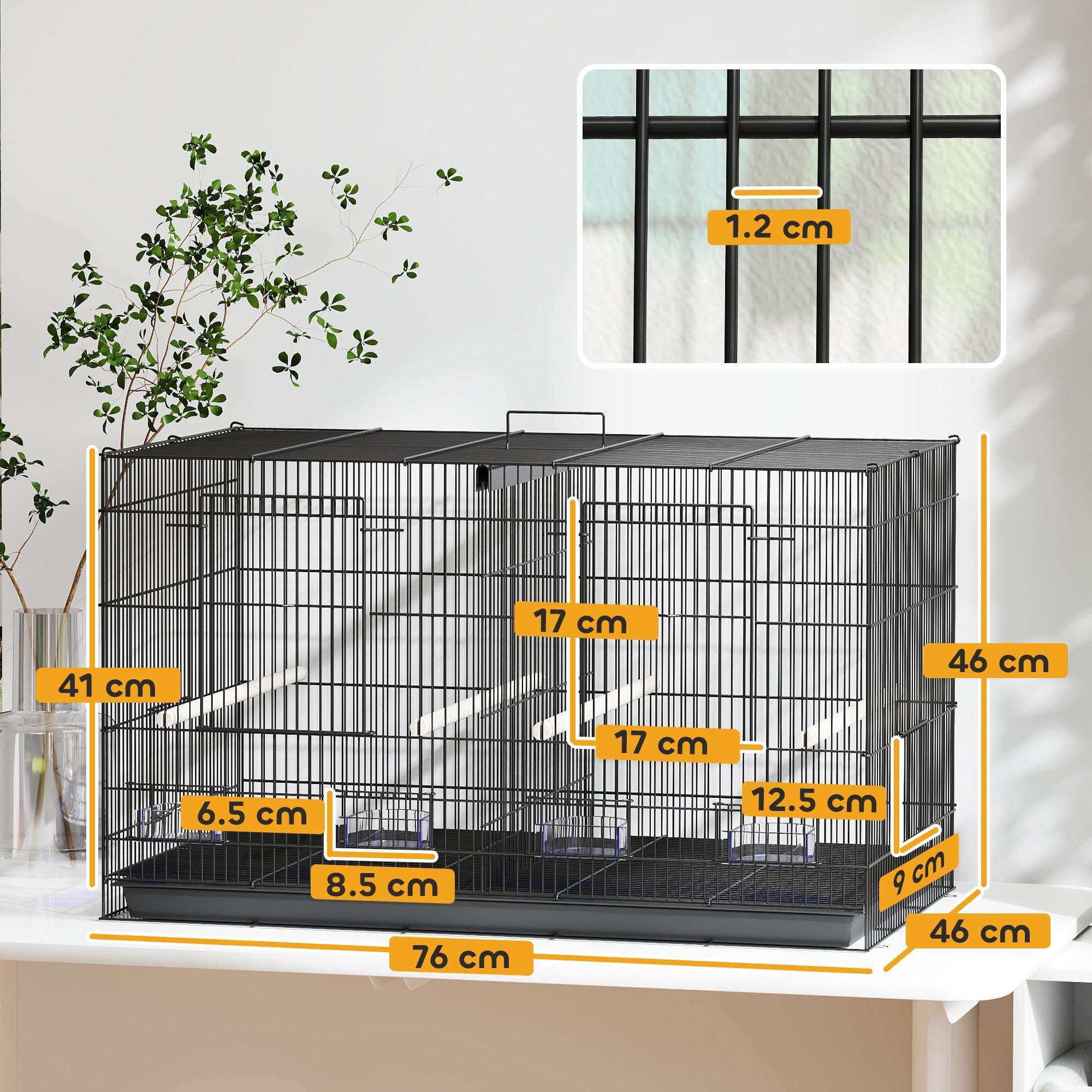 PawHut Divided Bird Cage with 4 Perches and Slide-Out Tray, Black