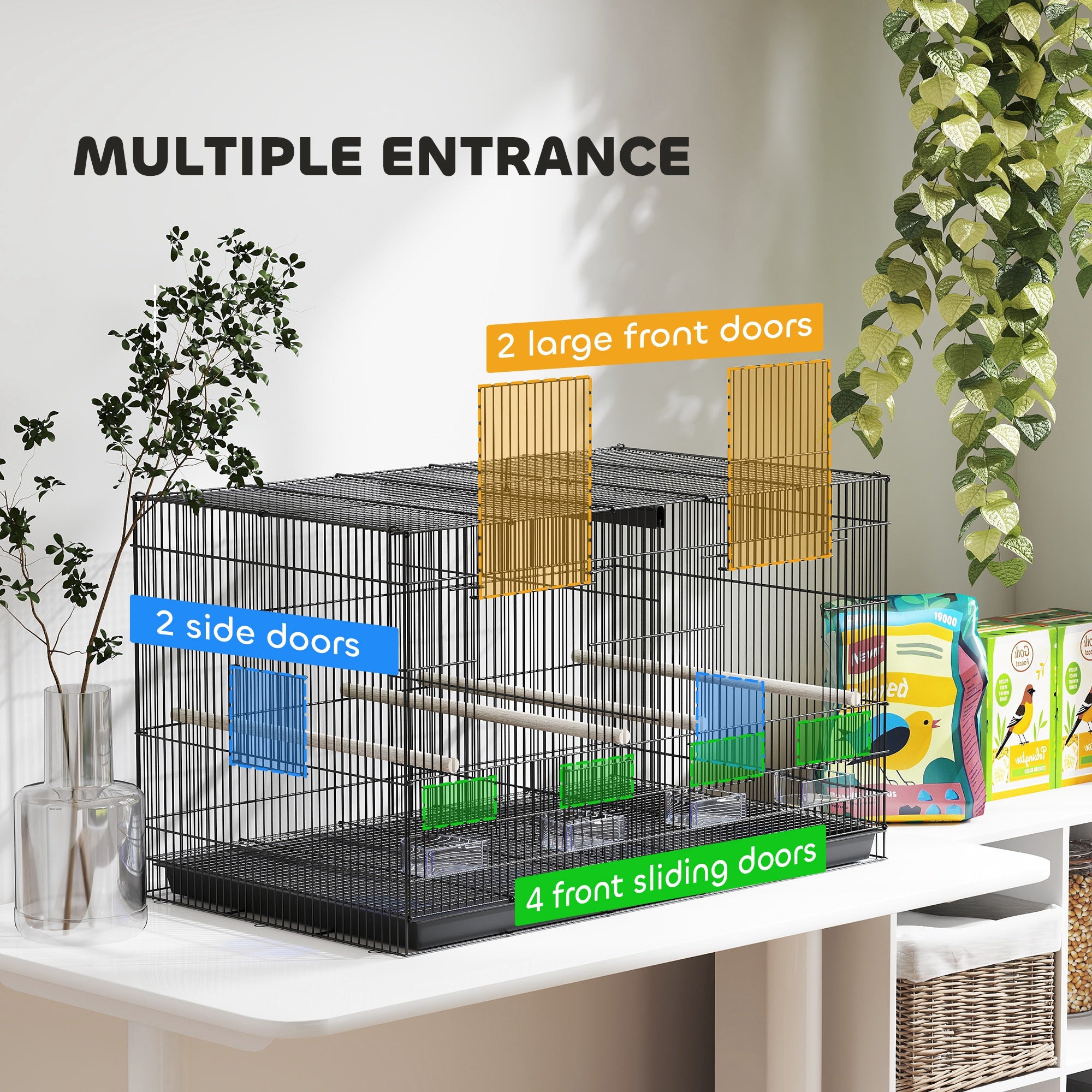 PawHut Divided Bird Cage with 4 Perches and Slide-Out Tray, Black