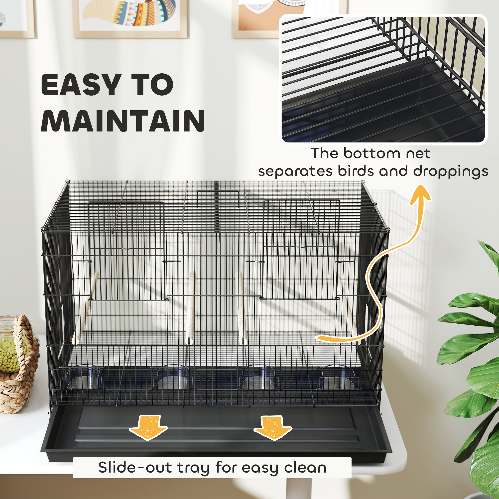 PawHut Divided Bird Cage with 4 Perches and Slide-Out Tray, Black