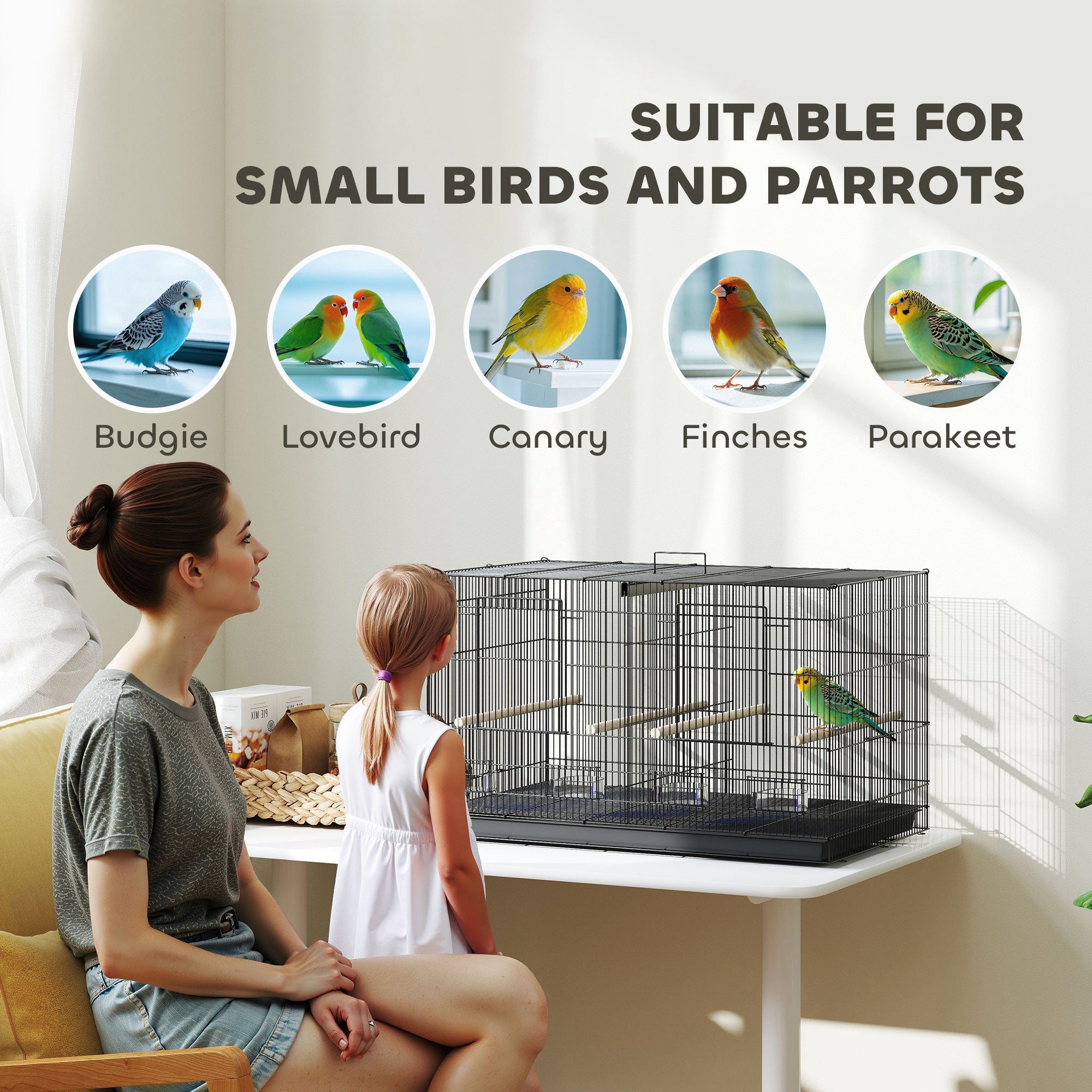 PawHut Divided Bird Cage with 4 Perches and Slide-Out Tray, Black