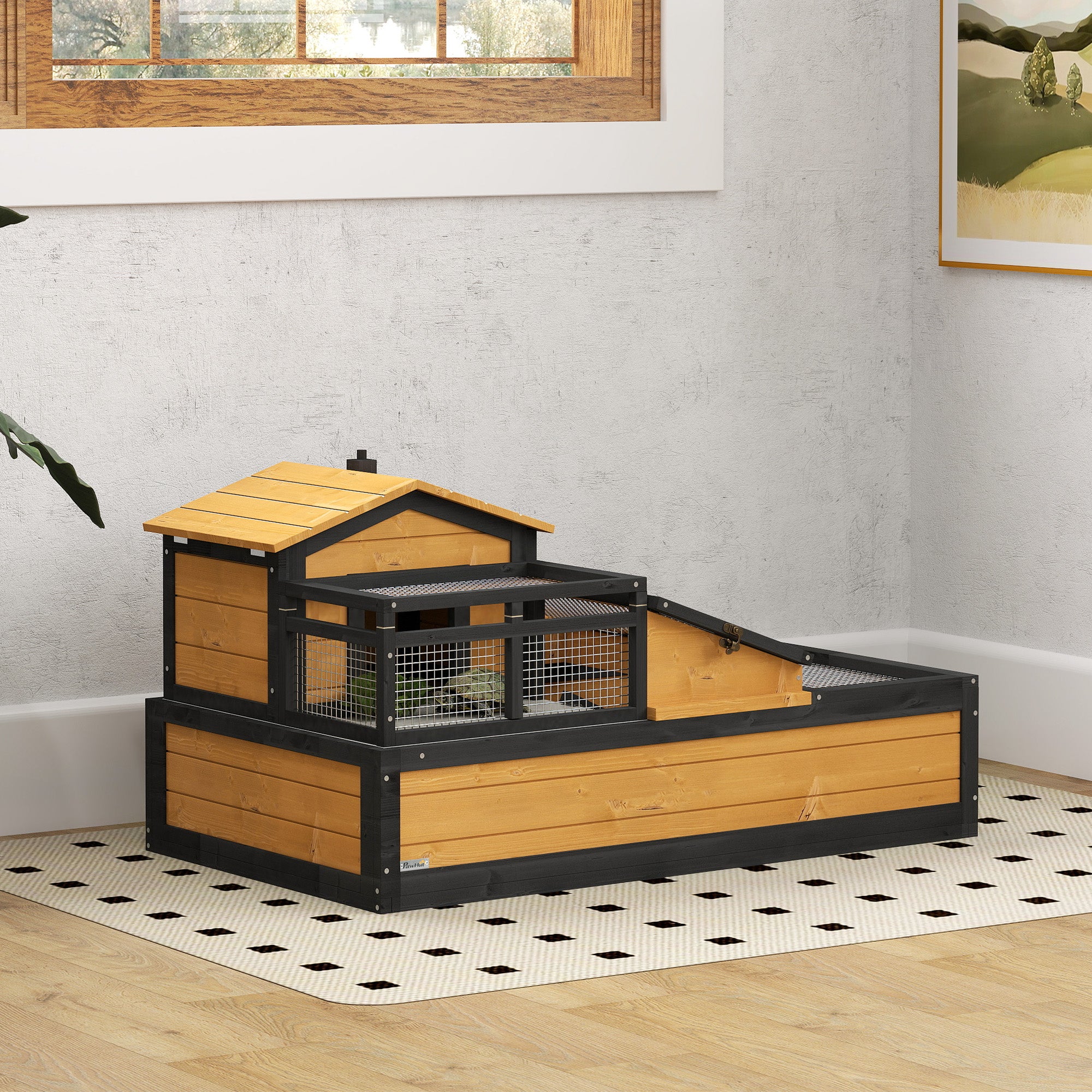 PawHut Wooden Tortoise House with Balcony, Tray & Openable Roof