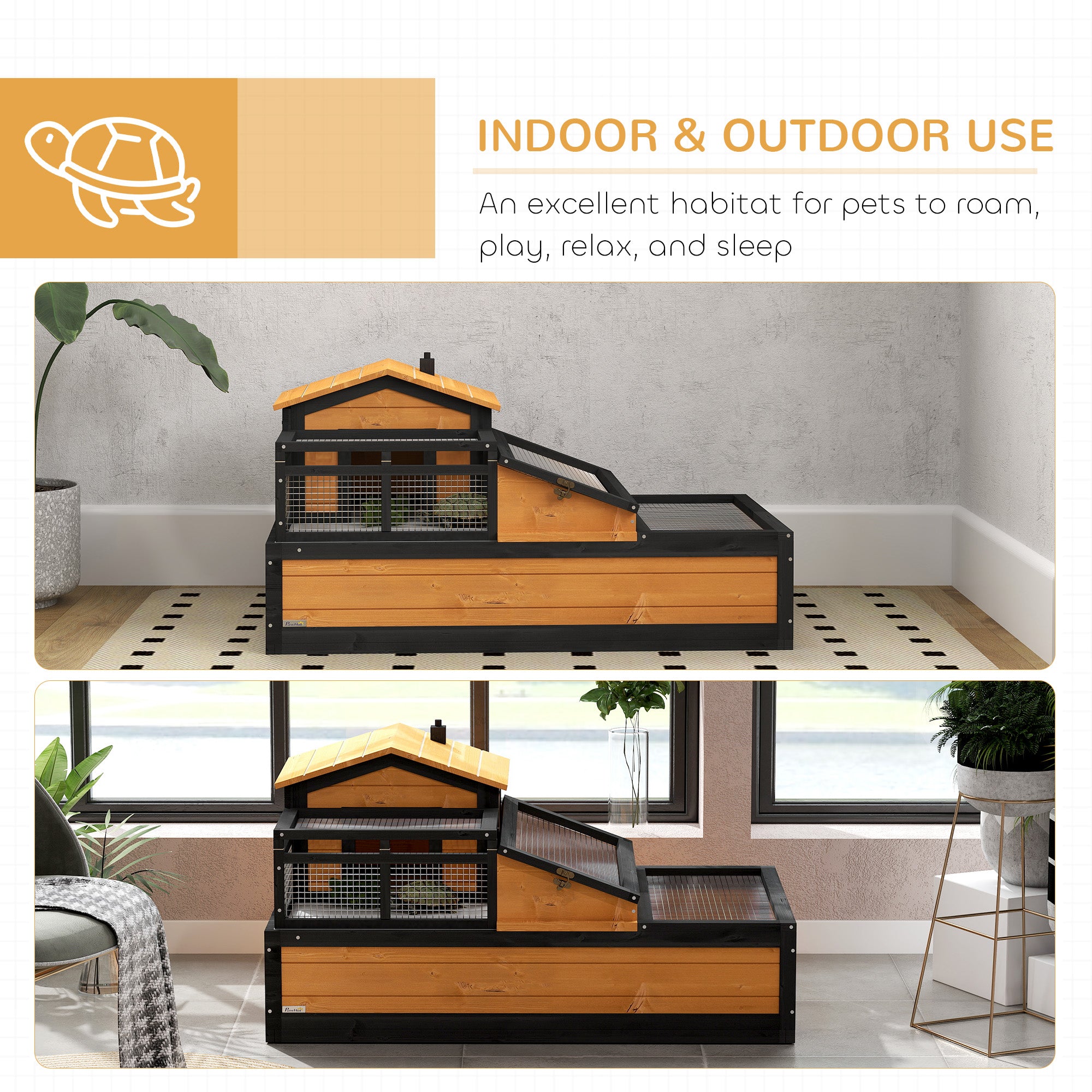 PawHut Wooden Tortoise House with Balcony, Tray & Openable Roof
