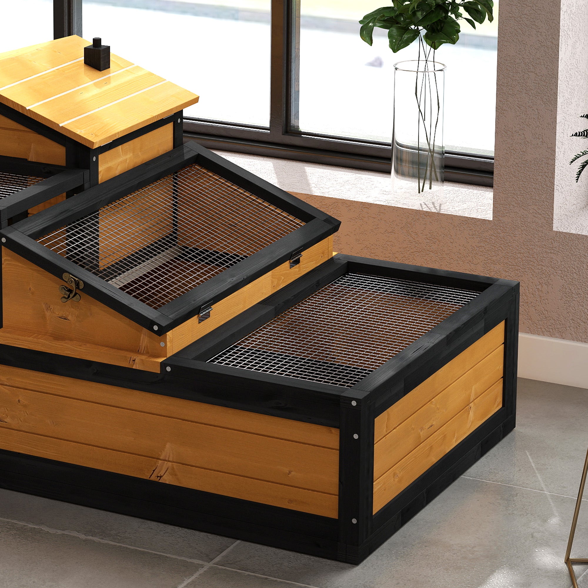 PawHut Wooden Tortoise House with Balcony, Tray & Openable Roof