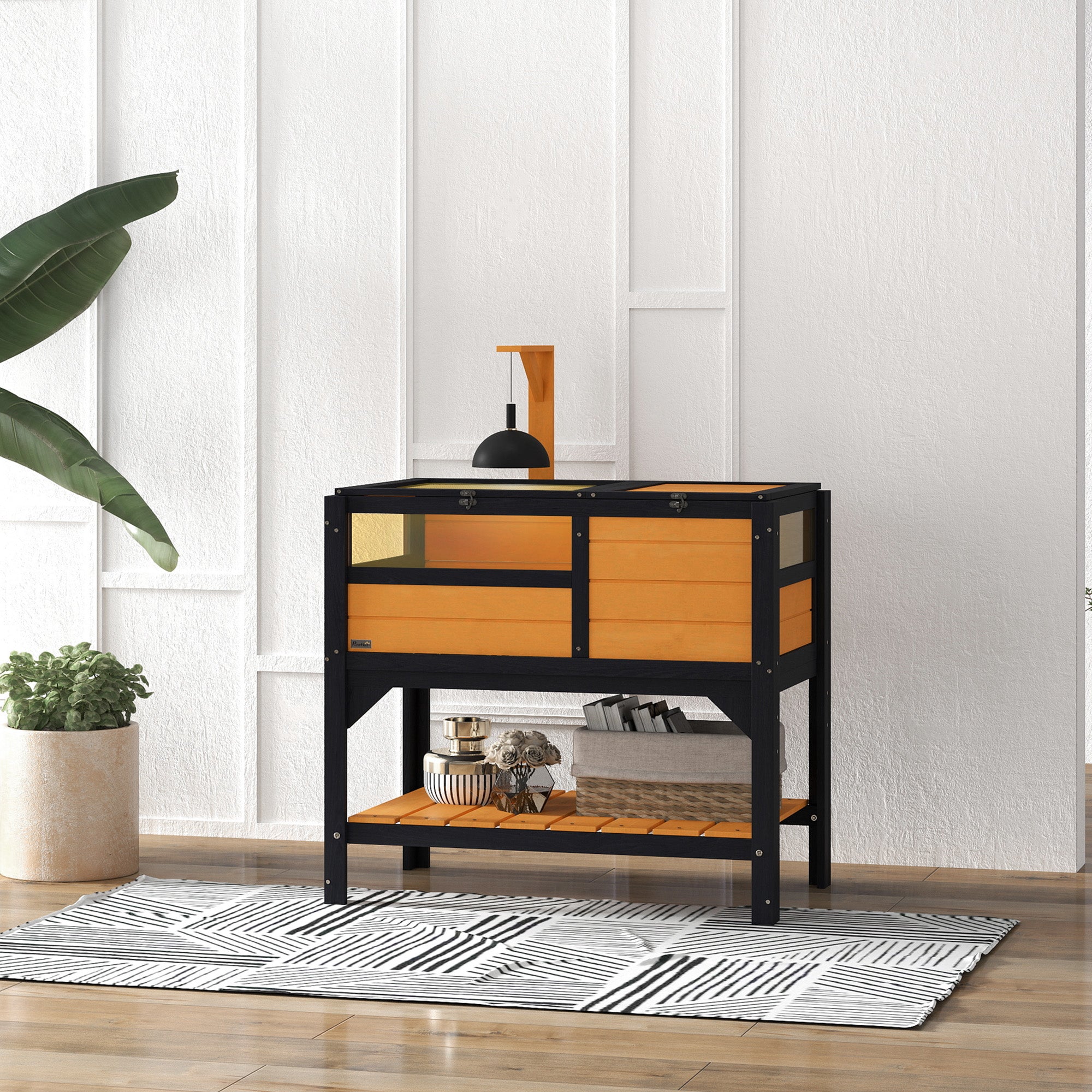 PawHut Wooden Tortoise House with Run, Shelter & Lamp Holder