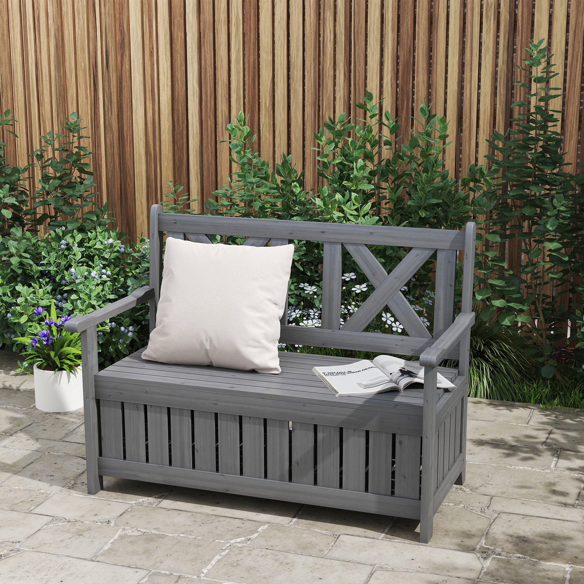 Outsunny Fir Wood 2-in-1 Garden Storage Bench, Charcoal Grey