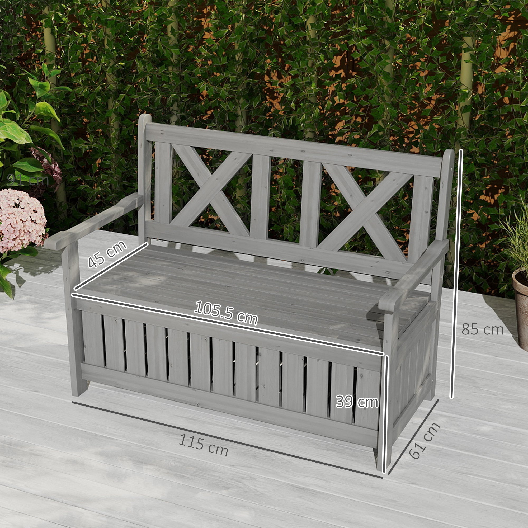 Outsunny Fir Wood 2-in-1 Garden Storage Bench, Charcoal Grey
