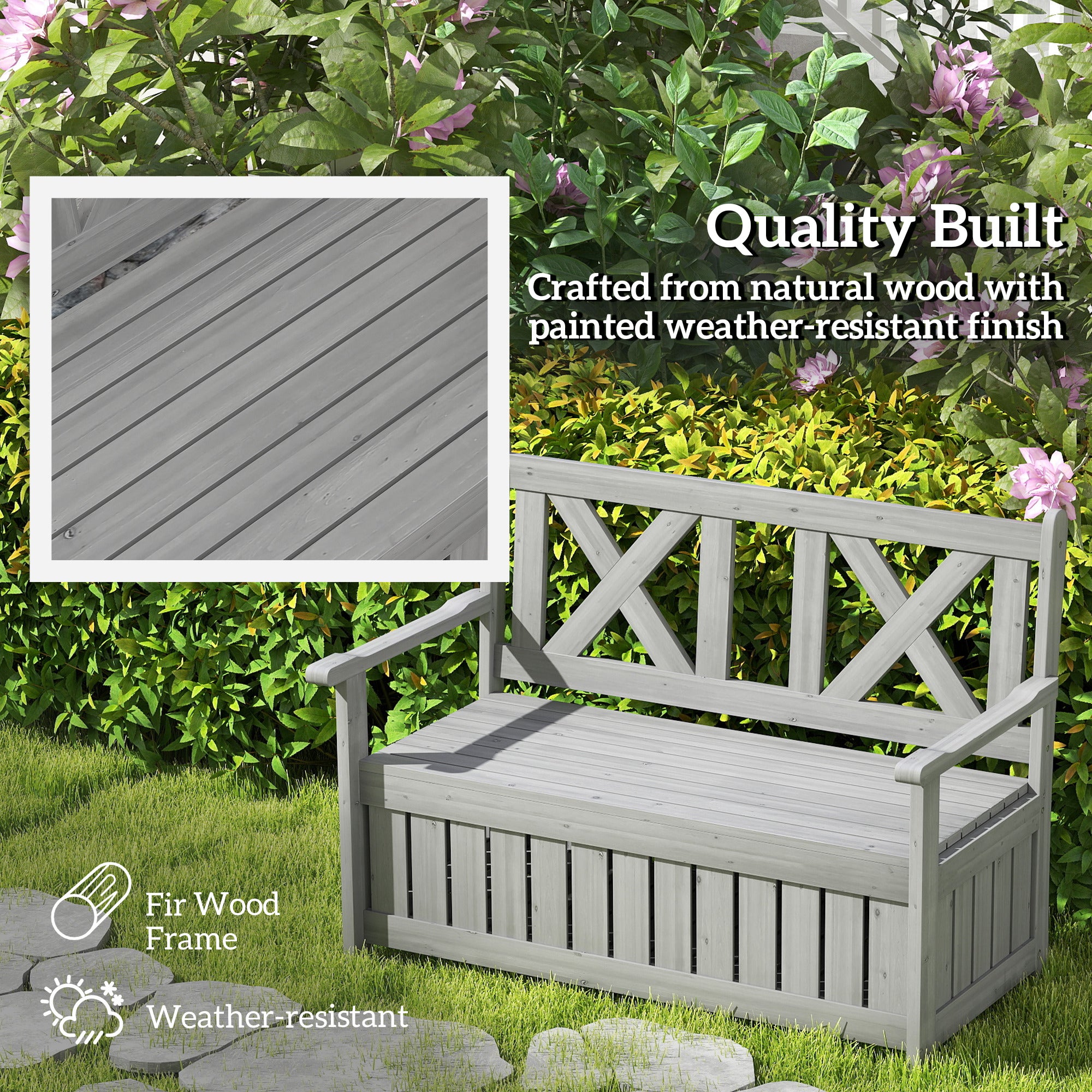 Outsunny Fir Wood 2-in-1 Garden Storage Bench, Charcoal Grey