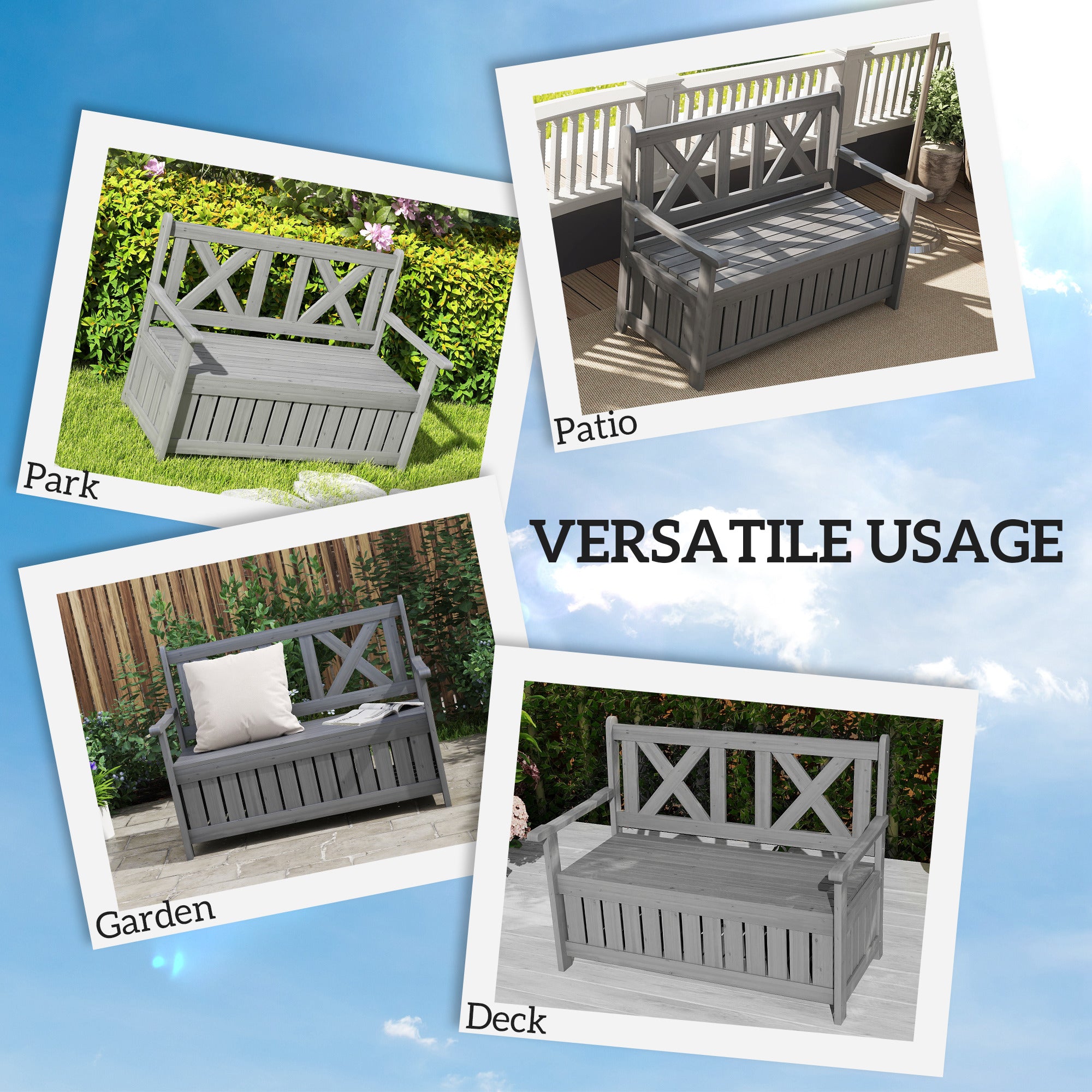 Outsunny Fir Wood 2-in-1 Garden Storage Bench, Charcoal Grey