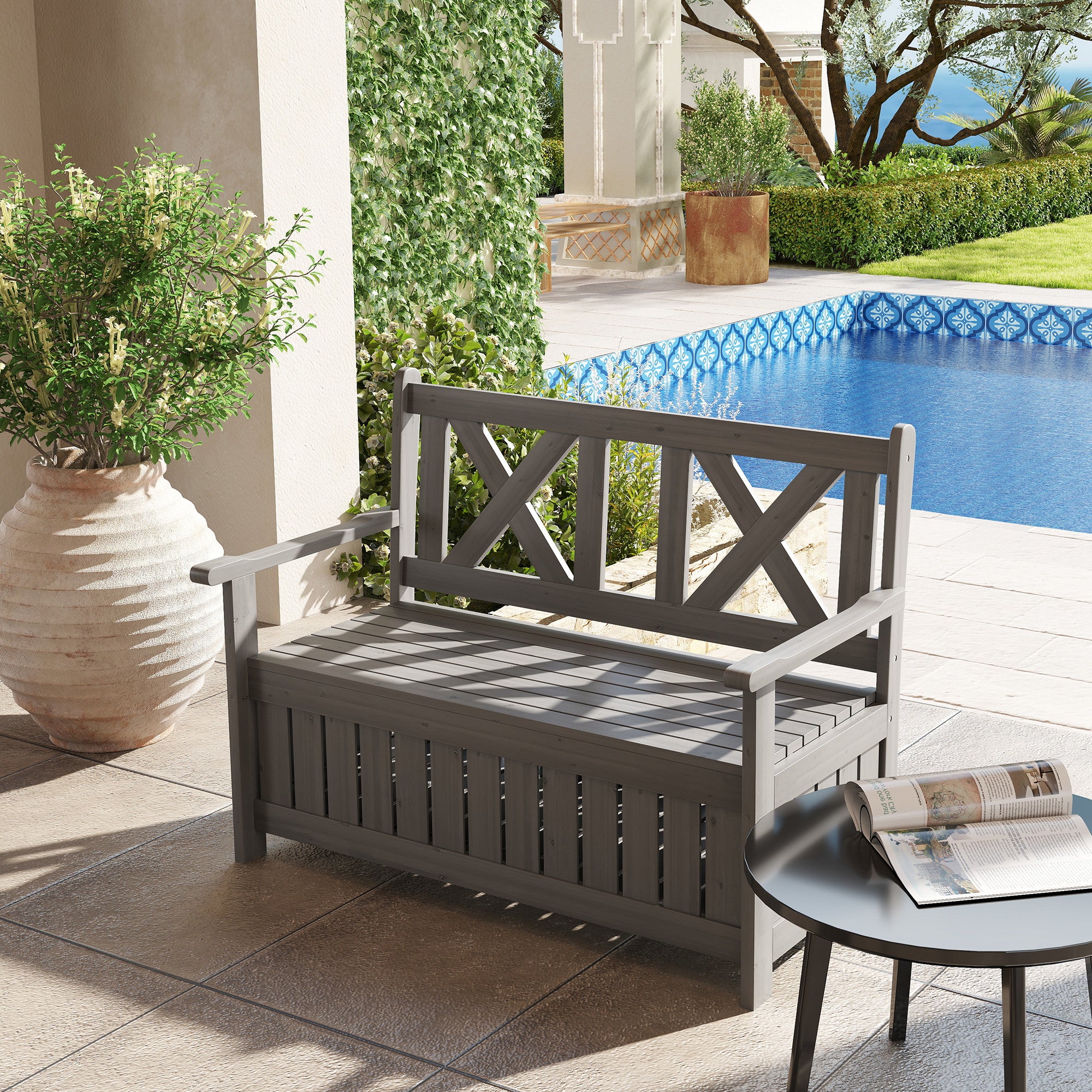 Outsunny Fir Wood 2-in-1 Garden Storage Bench, Charcoal Grey