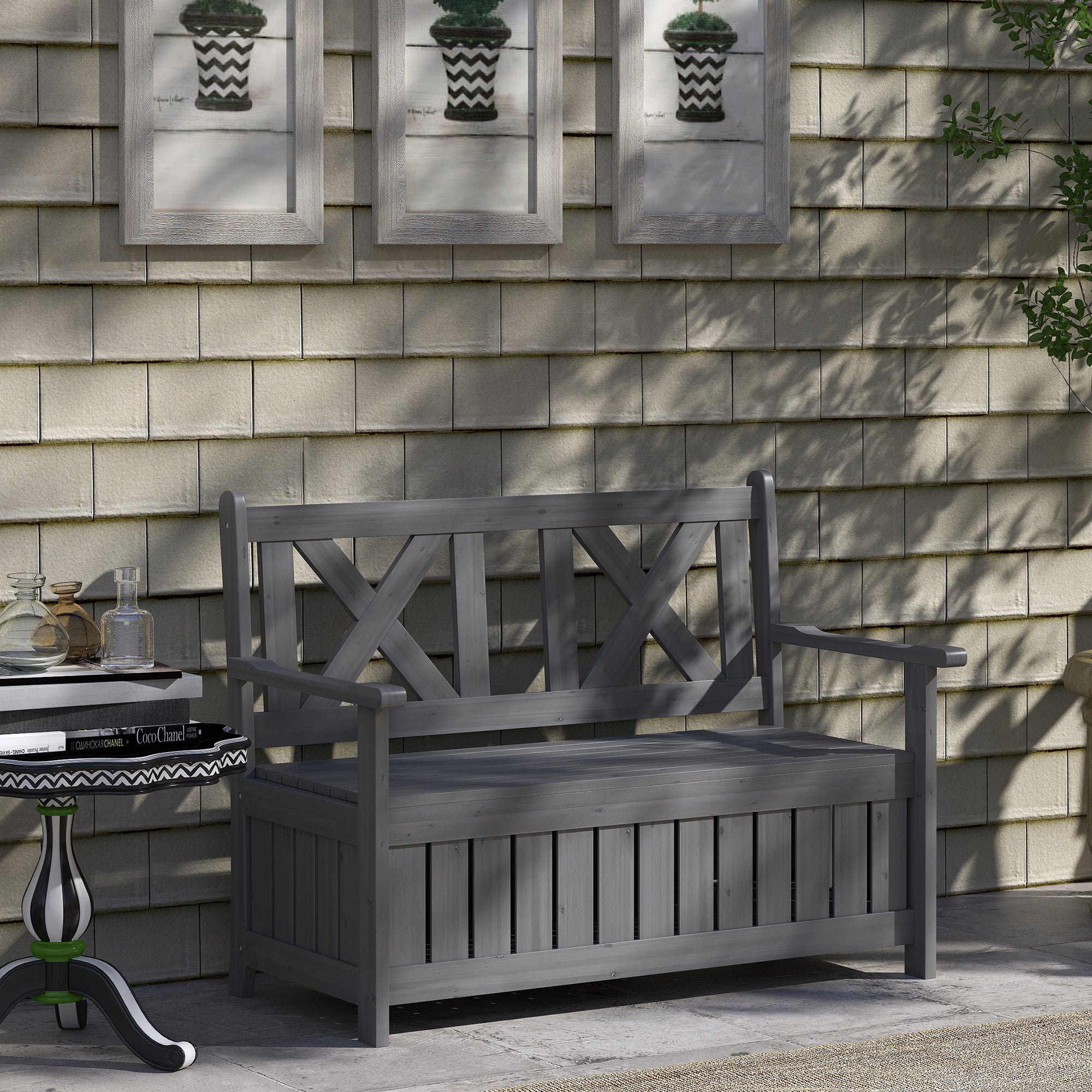Outsunny Fir Wood 2-in-1 Garden Storage Bench, Charcoal Grey