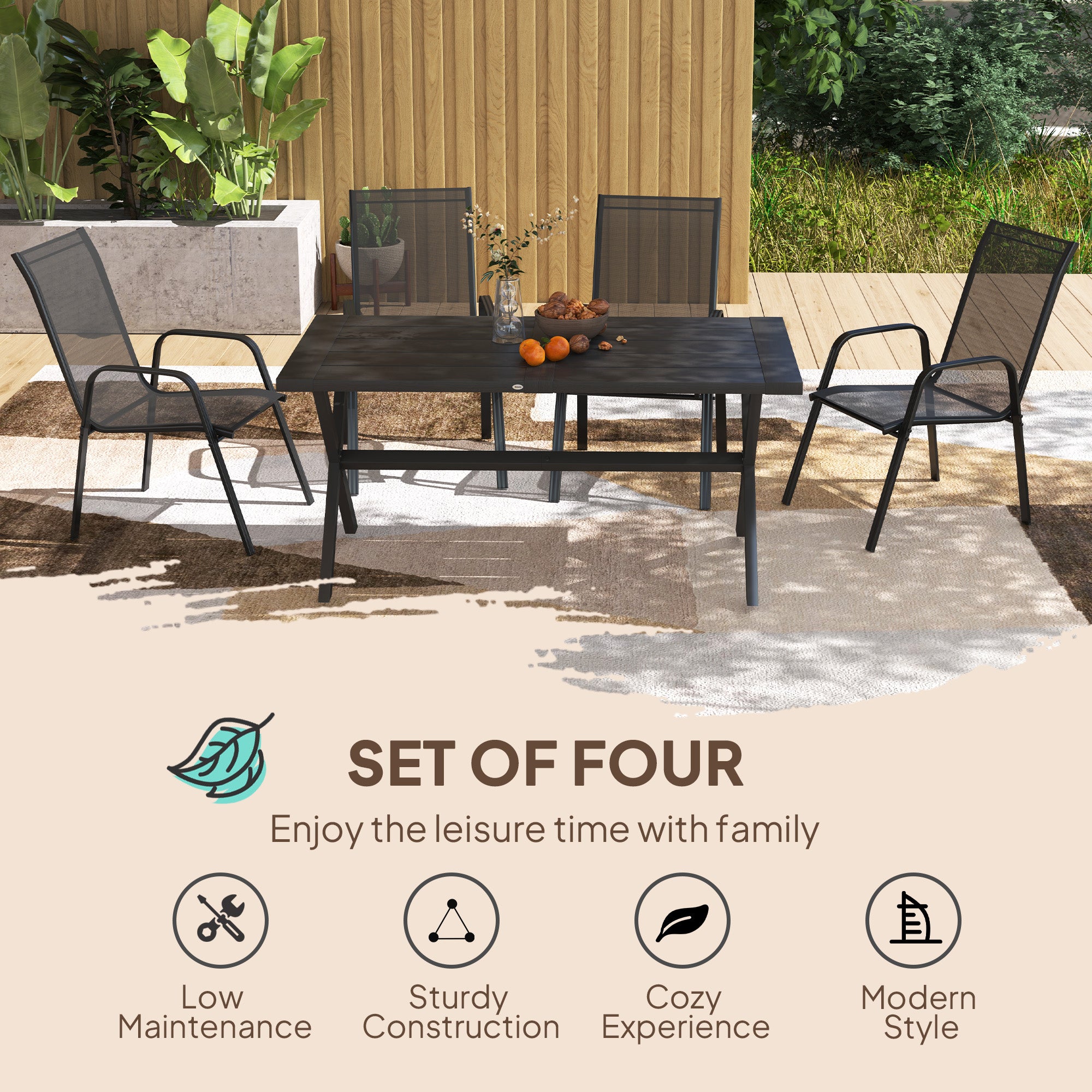 Outsunny Set of 4 Stackable Garden Dining Chairs with Armrests, Black
