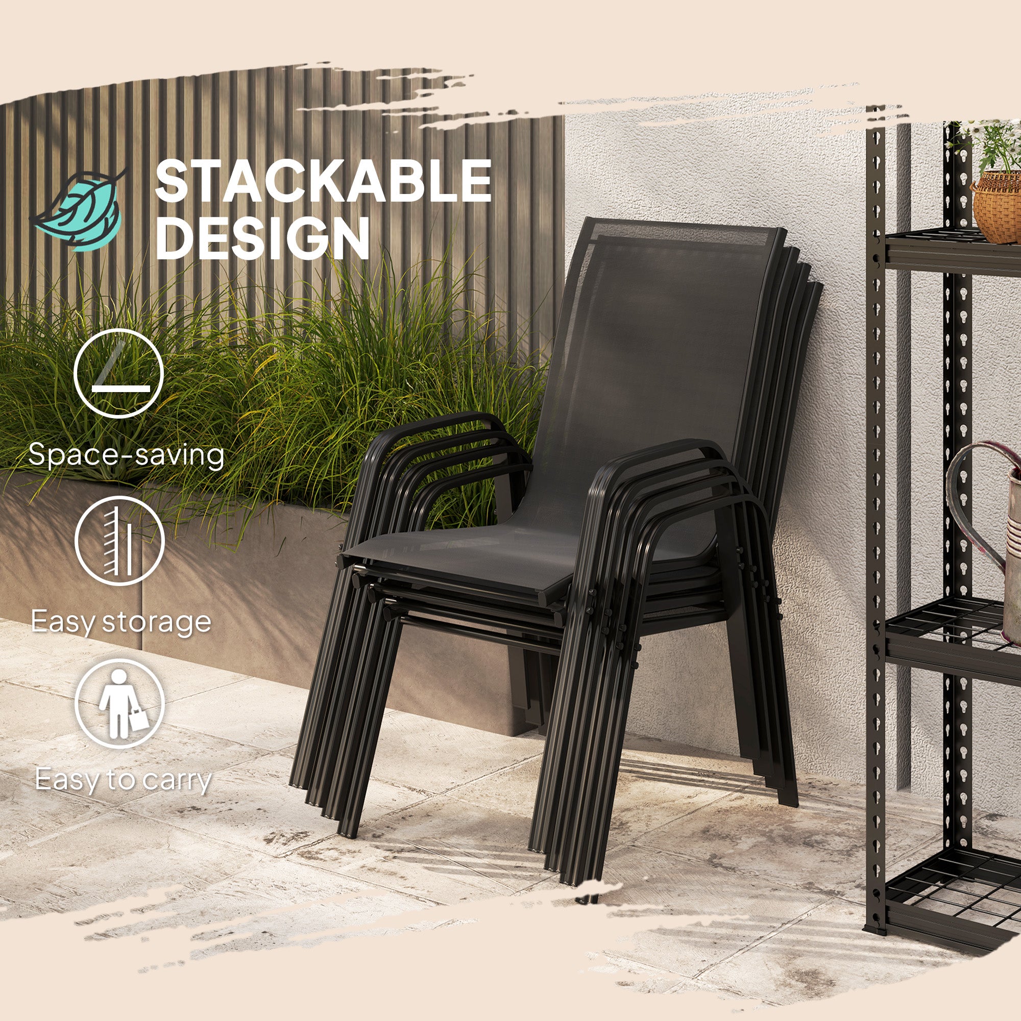 Outsunny Set of 4 Stackable Garden Dining Chairs with Armrests, Black