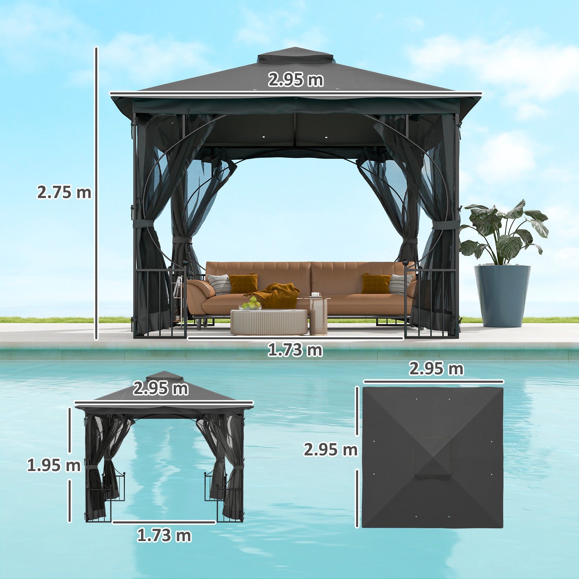 Outsunny 3x3m Gazebo Party Tent with Mesh Curtains, Dark Grey