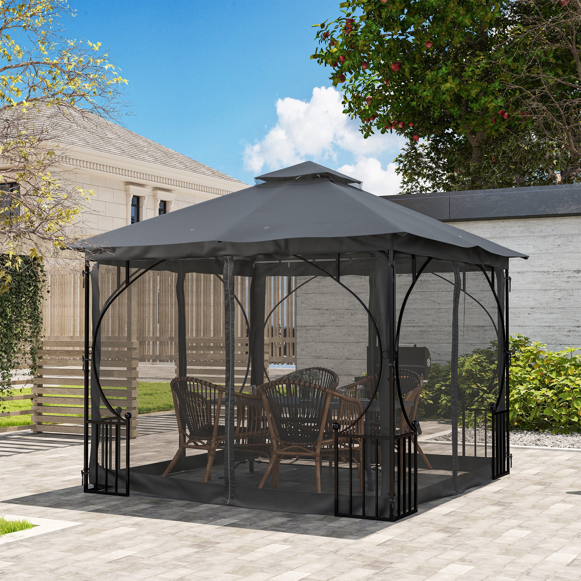 Outsunny 3x3m Gazebo Party Tent with Mesh Curtains, Dark Grey
