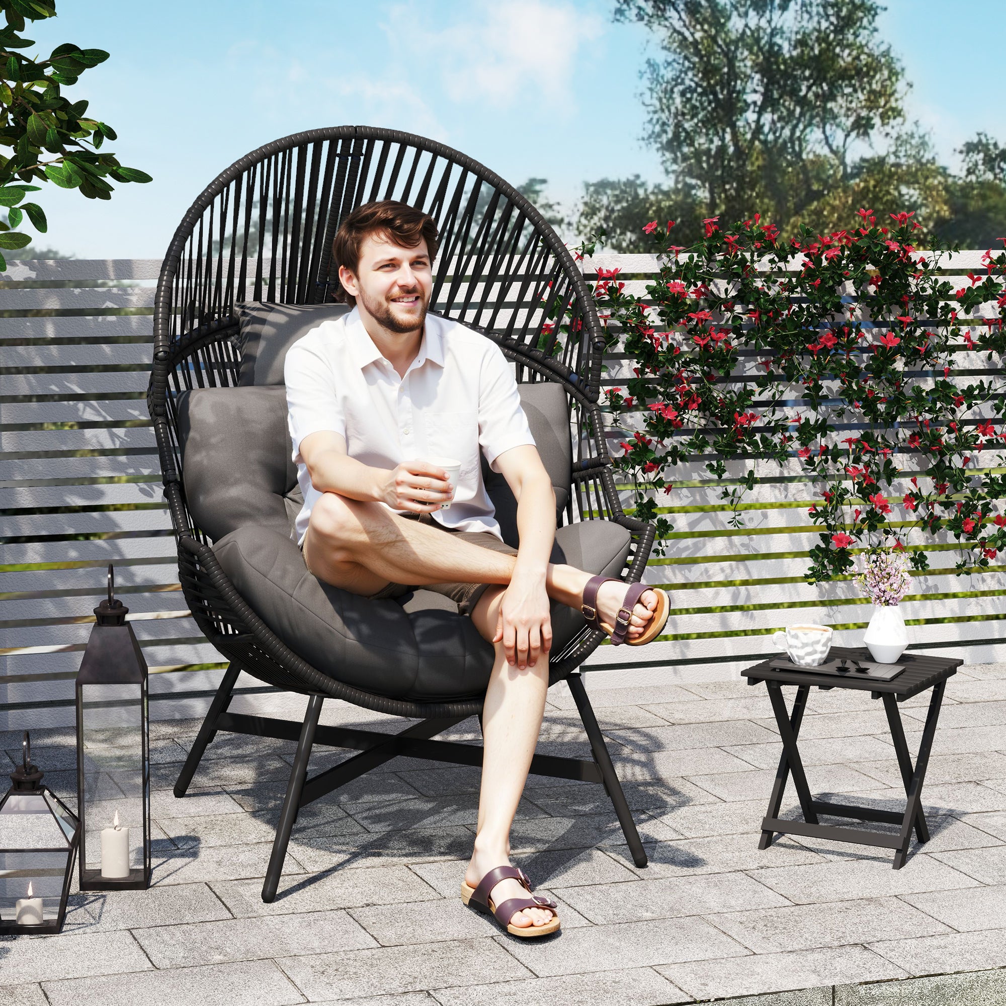 Outsunny Outdoor Rattan Egg Chair with Cushion & Headrest, Grey