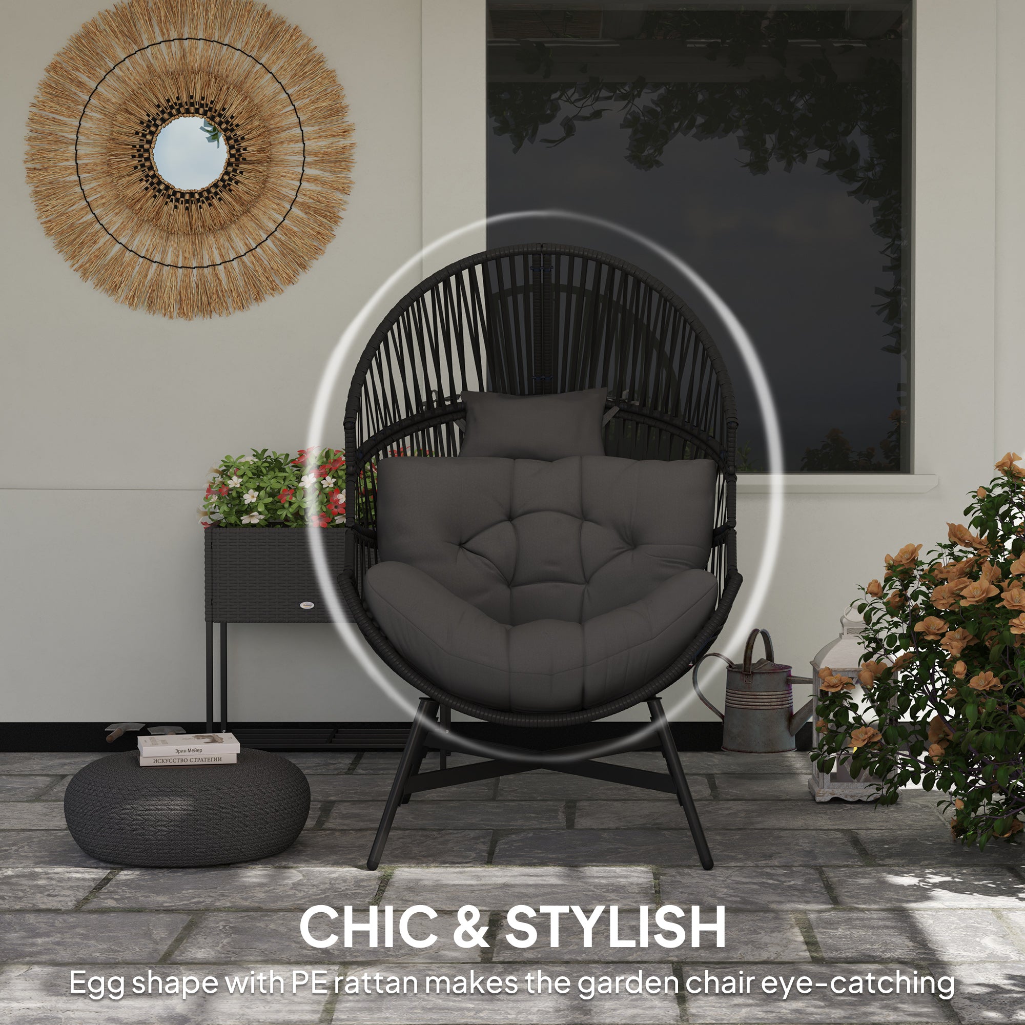 Outsunny Outdoor Rattan Egg Chair with Cushion & Headrest, Grey