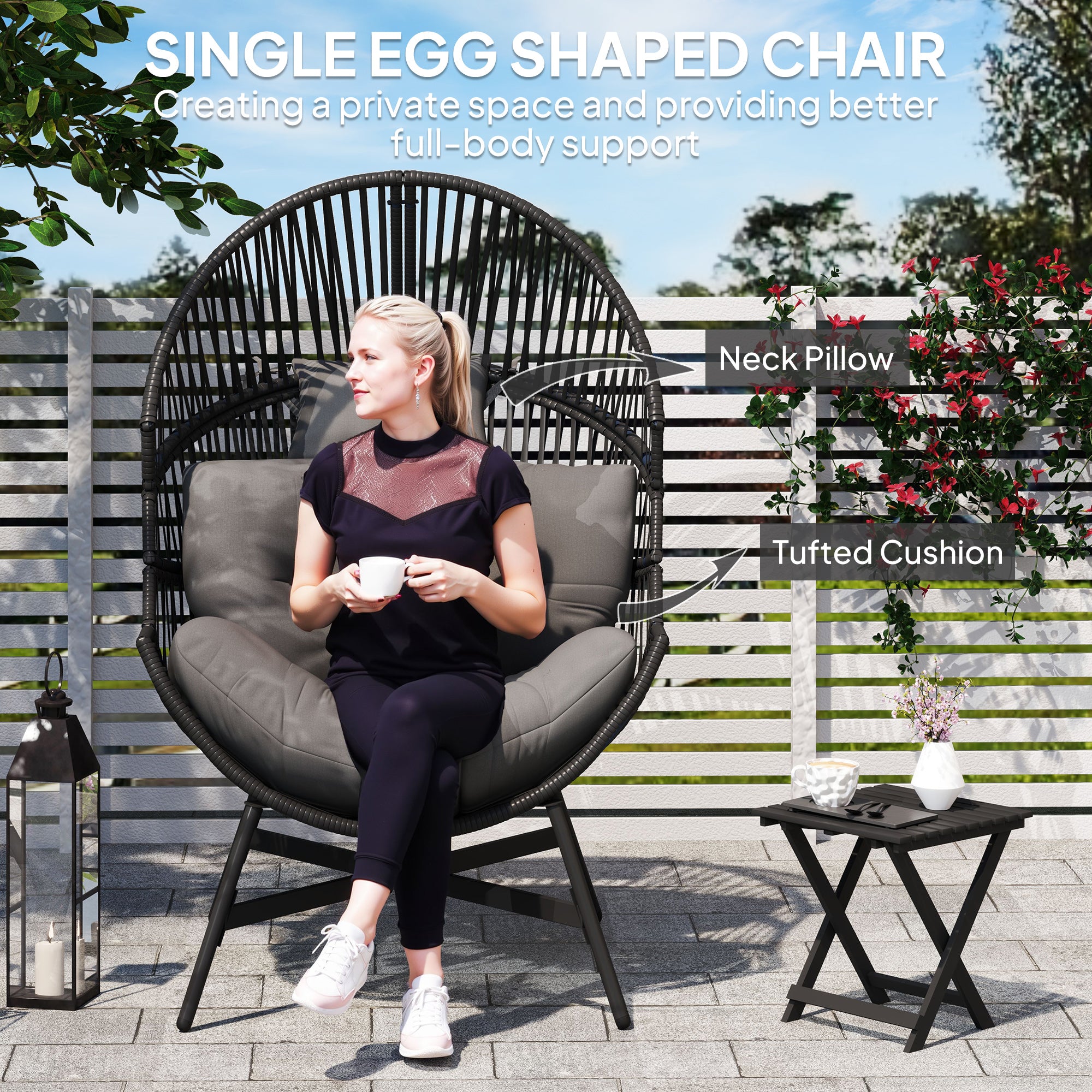 Outsunny Outdoor Rattan Egg Chair with Cushion & Headrest, Grey