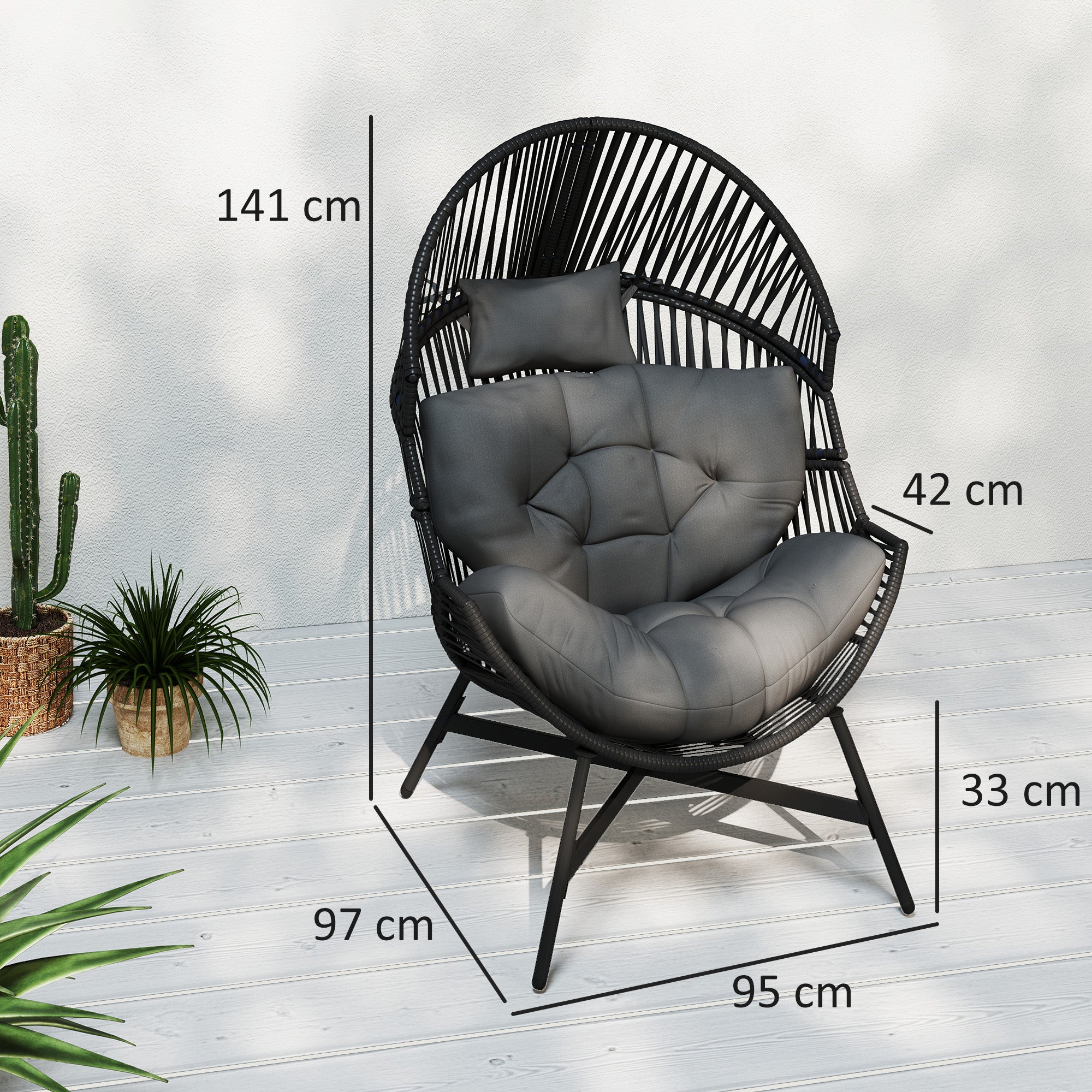 Outsunny Outdoor Rattan Egg Chair with Cushion & Headrest, Grey