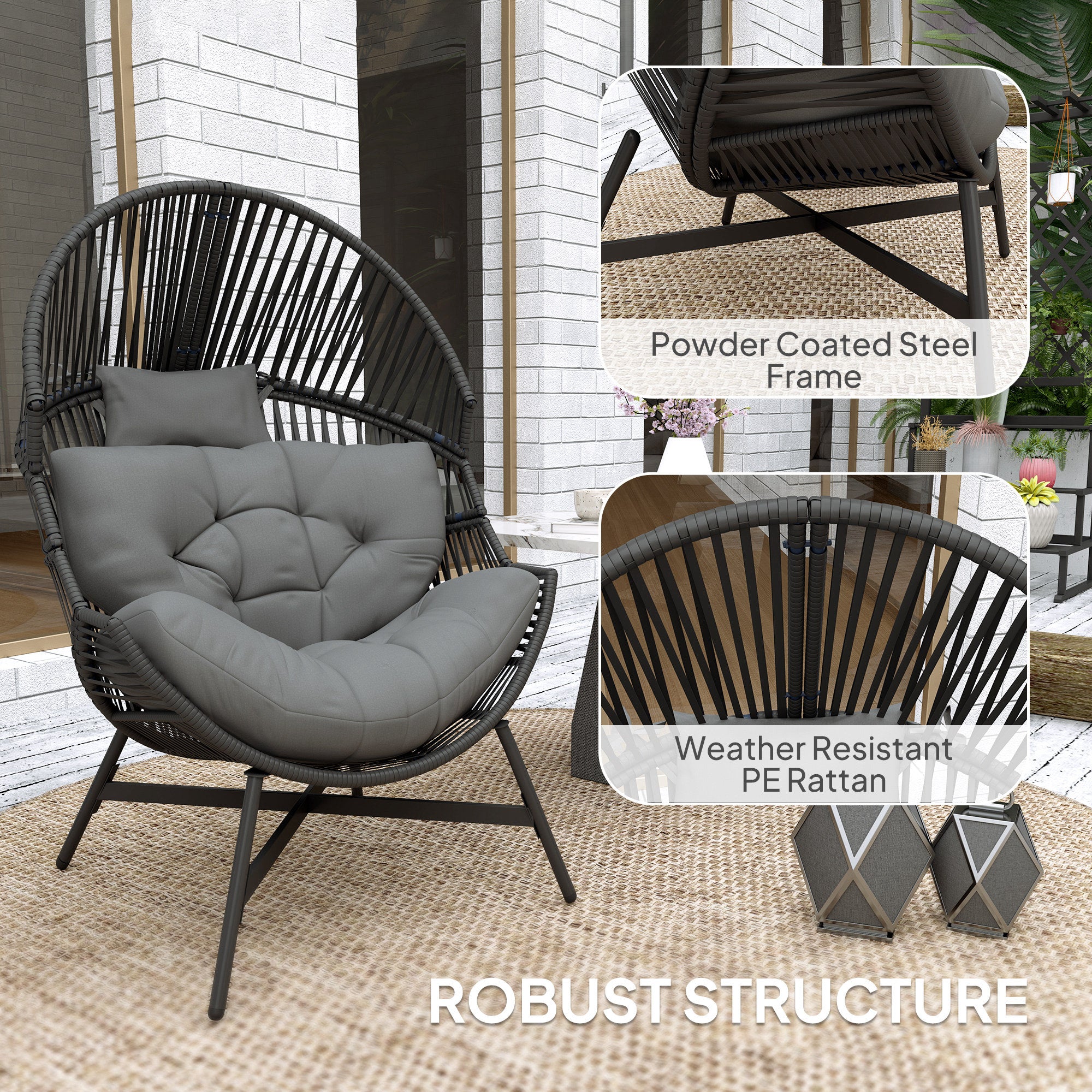 Outsunny Outdoor Rattan Egg Chair with Cushion & Headrest, Grey
